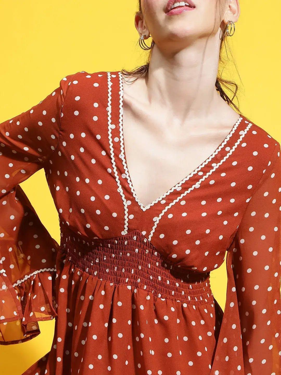 Matic Brown Polka Dot Print Smocked Lace Detailed Women Dress - oxolloxo