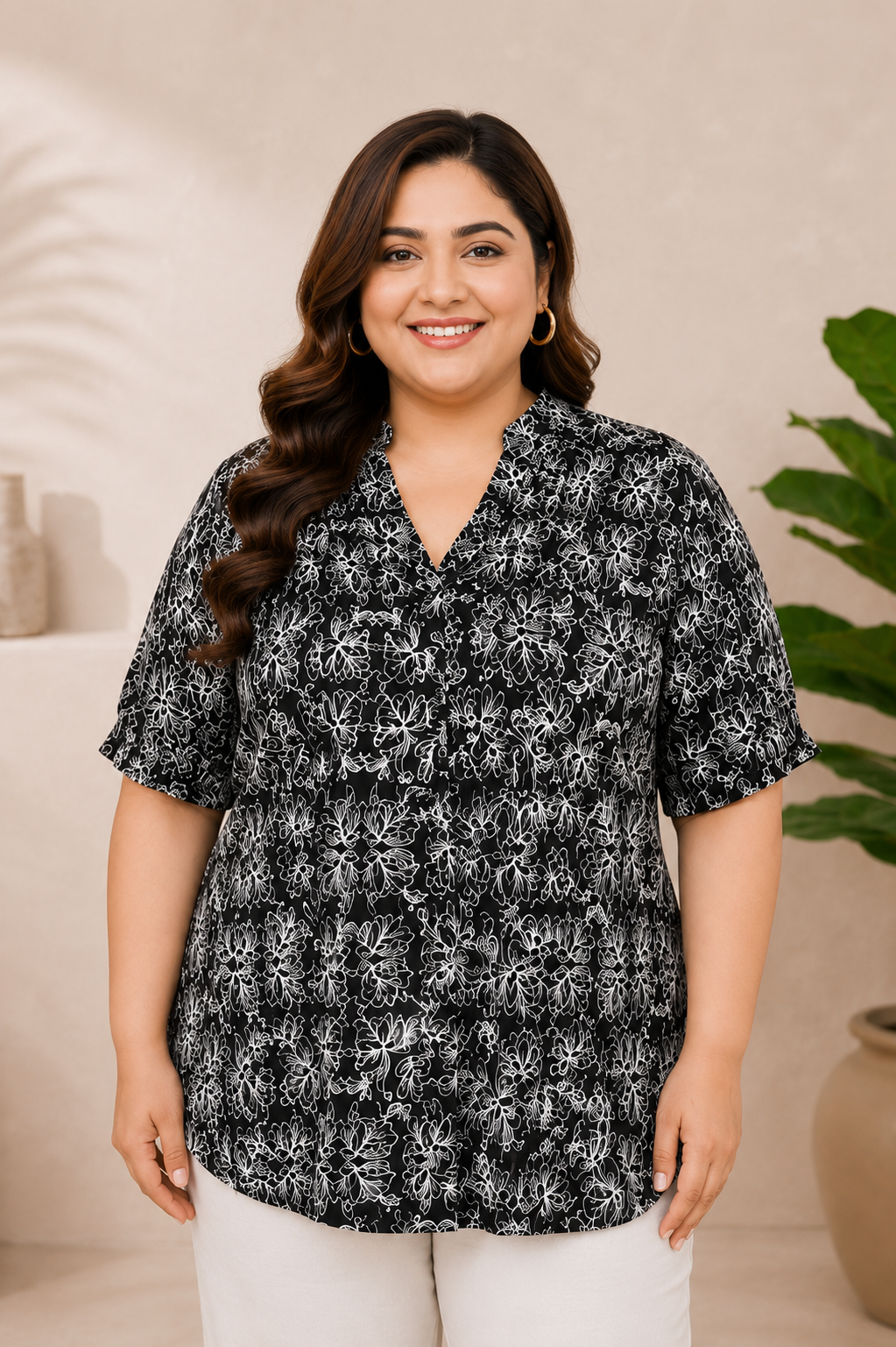 Plus Size Black Floral Print Viscose Top