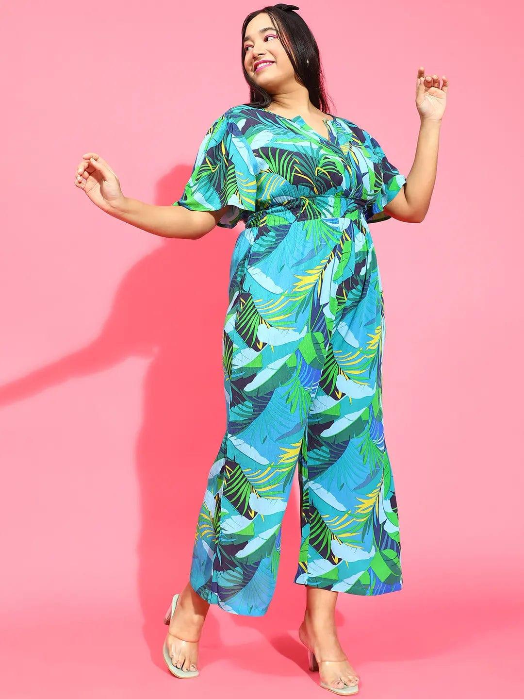 Plus size multicolour tropical print viscose jumpsuit with V-neck