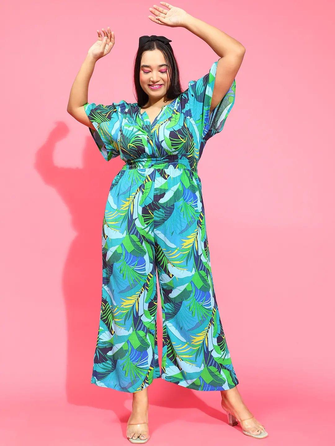 Plus size multicolour tropical print viscose jumpsuit with V-neck, photo 2