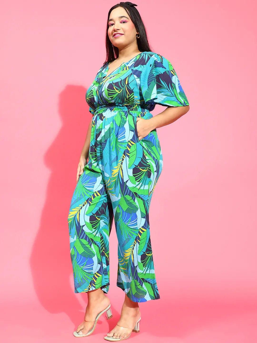 Plus size multicolour tropical print viscose jumpsuit with V-neck, photo 3