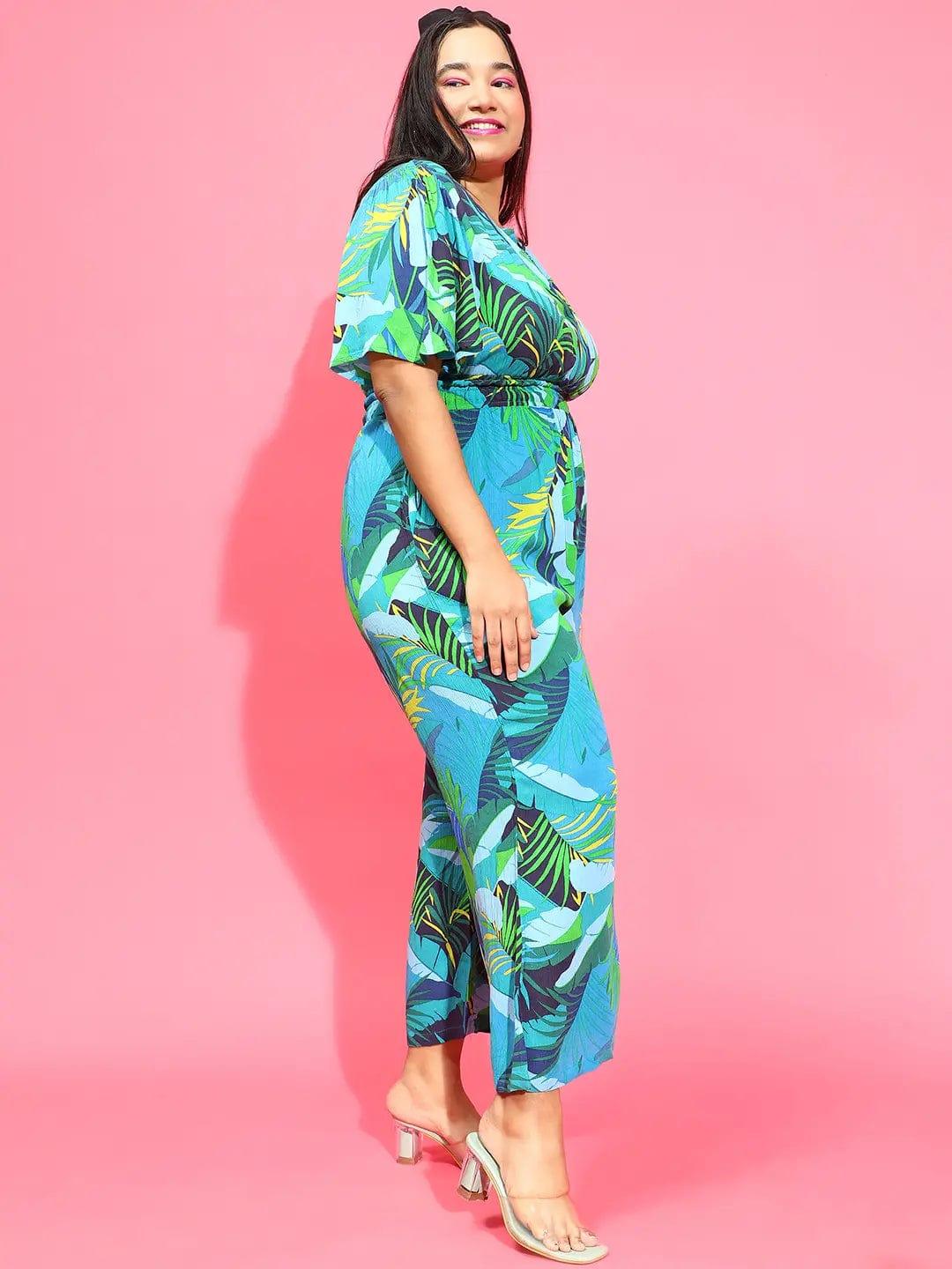 Plus size multicolour tropical print viscose jumpsuit with V-neck, photo 4