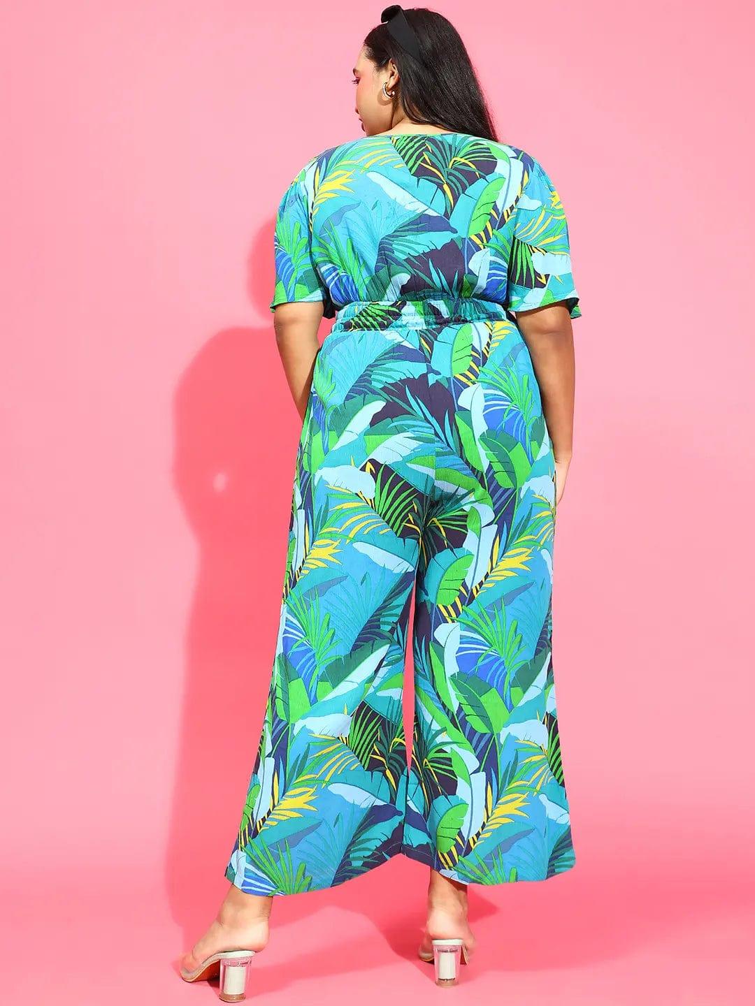 Plus size multicolour tropical print viscose jumpsuit with V-neck, photo 5