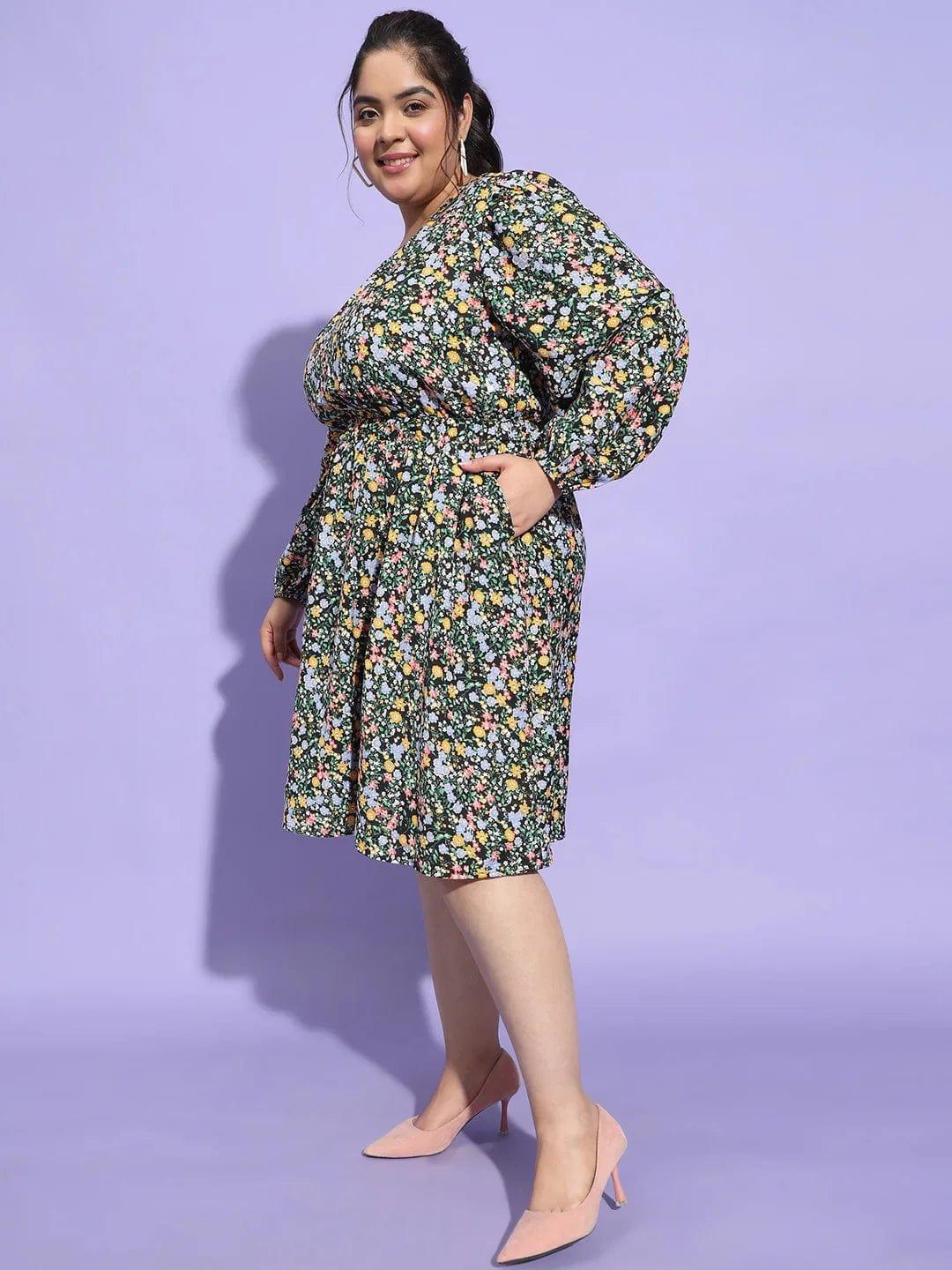 Starlit Multicolor Floral Print Flare Plus Size Curvy Dress - oxolloxo