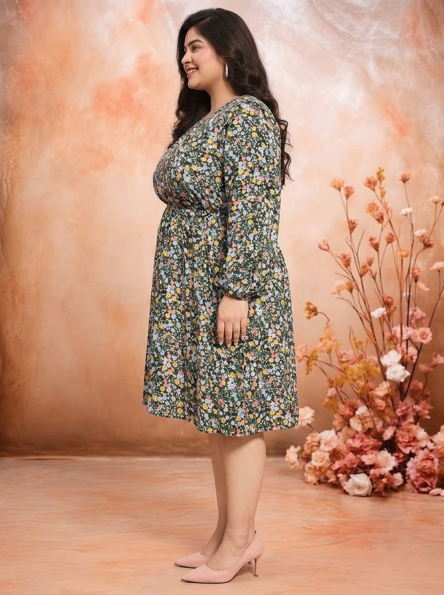 Plus Size Multicolor Floral Print Dress
