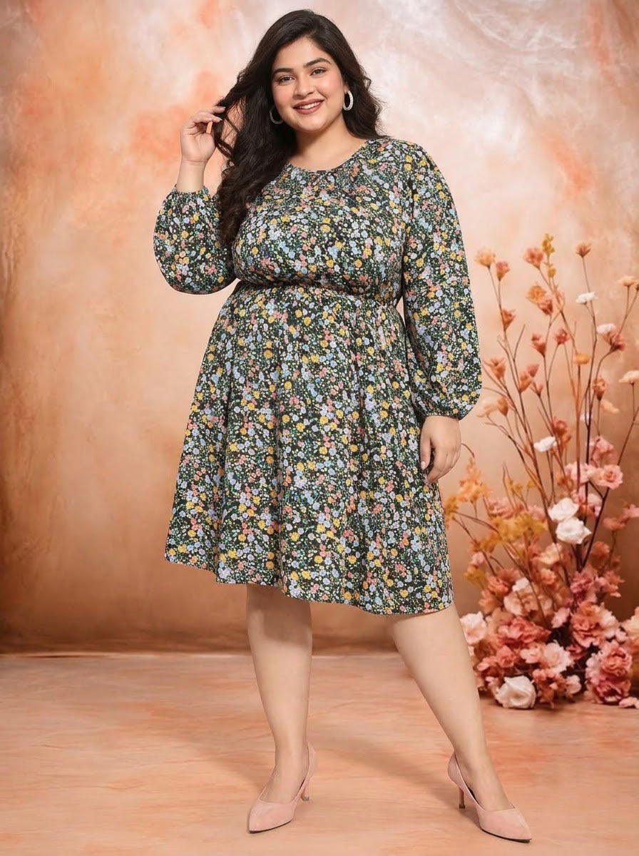 Plus Size Multicolor Floral Print Dress