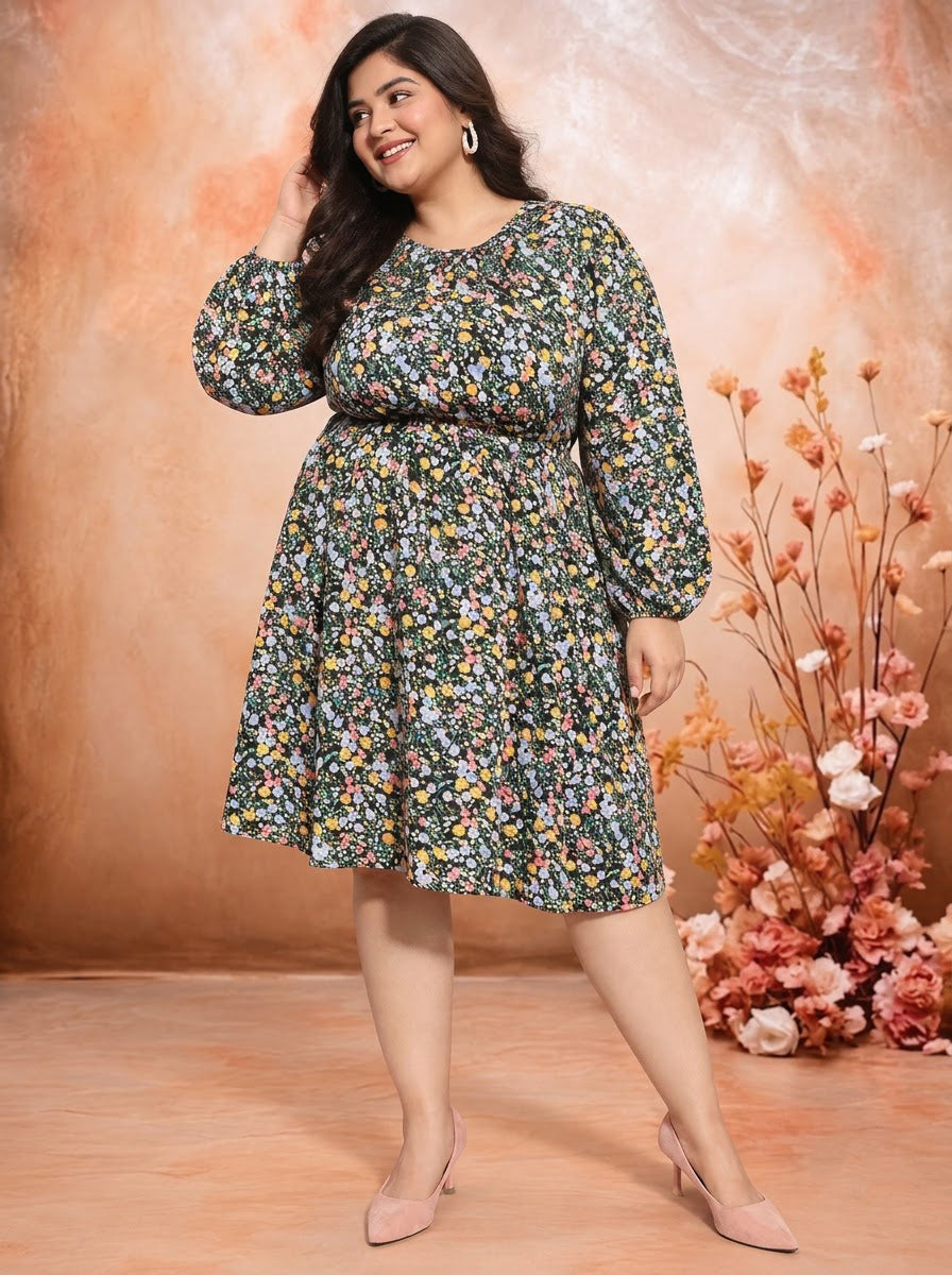 Plus Size Multicolor Floral Print Dress