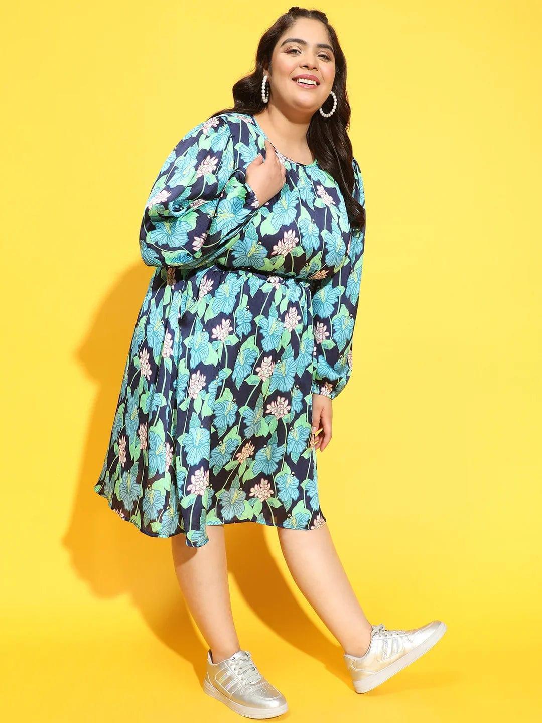 Radiated Multicolor Floral Print Flare Plus Size Curvy Dress - oxolloxo