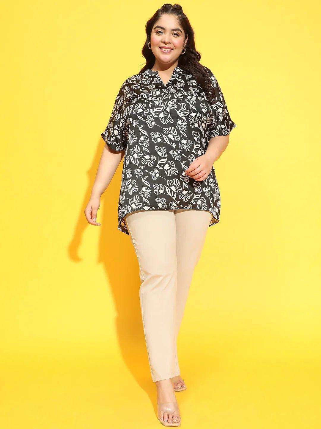 Stellar Black Floral Print Plus Size Loopy Top - oxolloxo