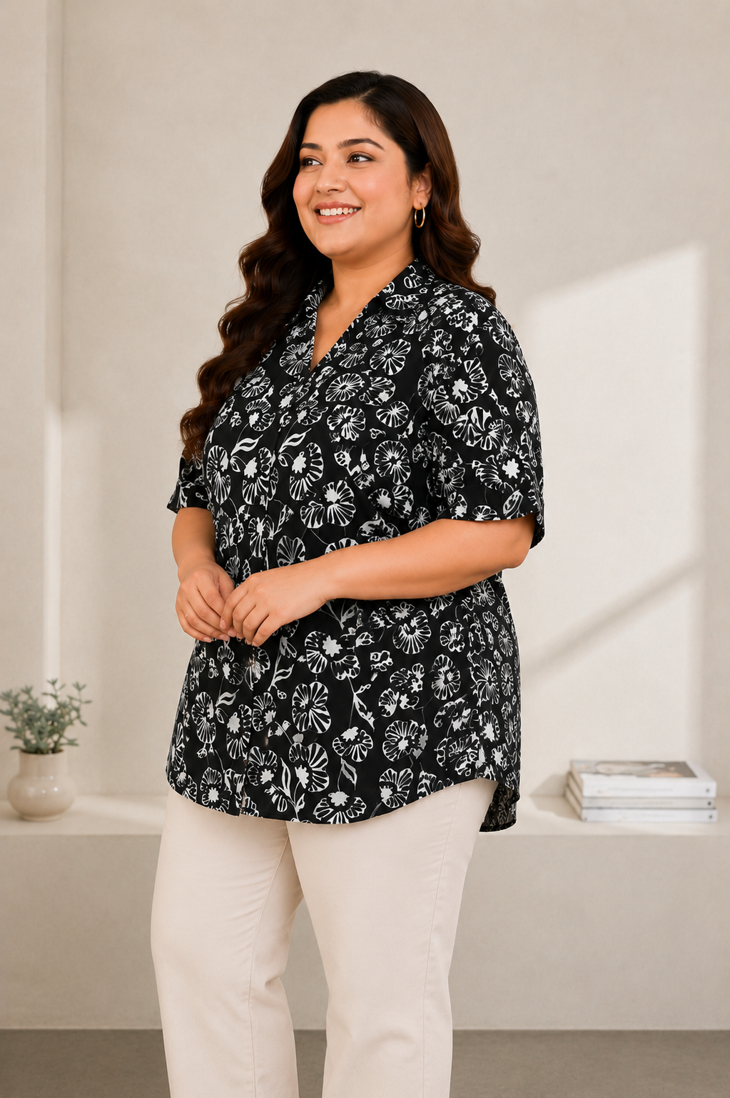 stellar black floral print plus size top