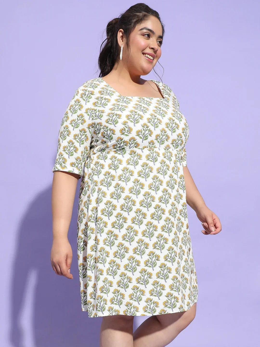Esthetic Multicolor Floral Print Button Plus Size Curvy Dress - oxolloxo
