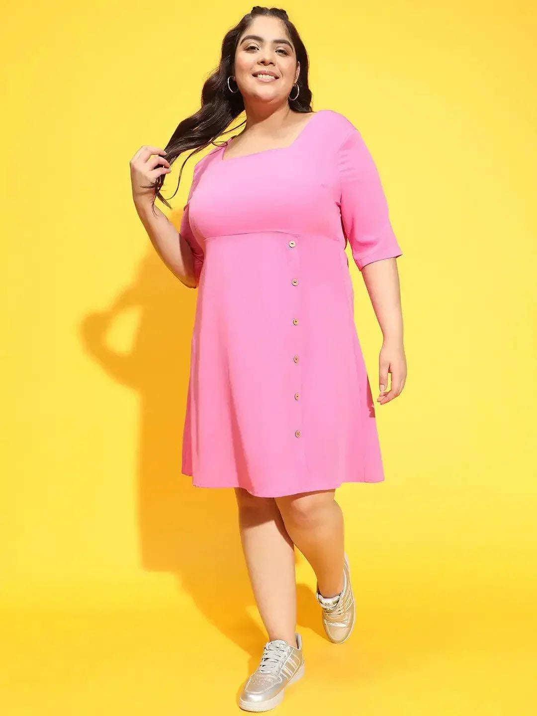 Sublime Pink Button Detailed Square Neck Plus Size Curvy Dress - oxolloxo