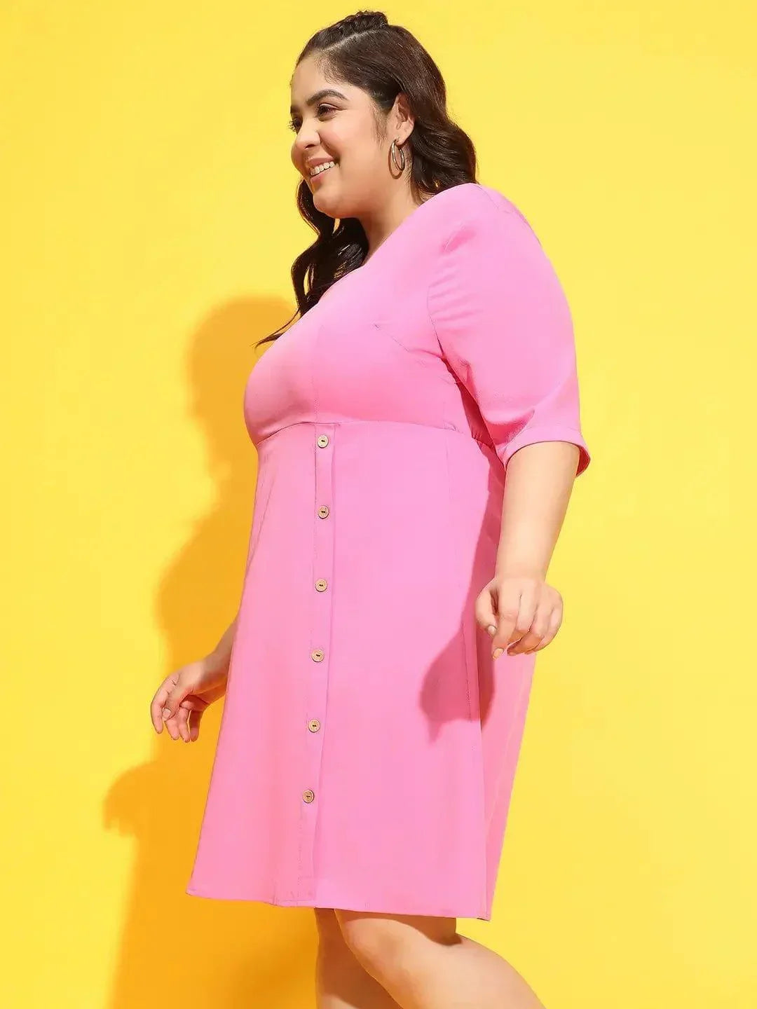 Sublime Pink Button Detailed Square Neck Plus Size Curvy Dress - oxolloxo