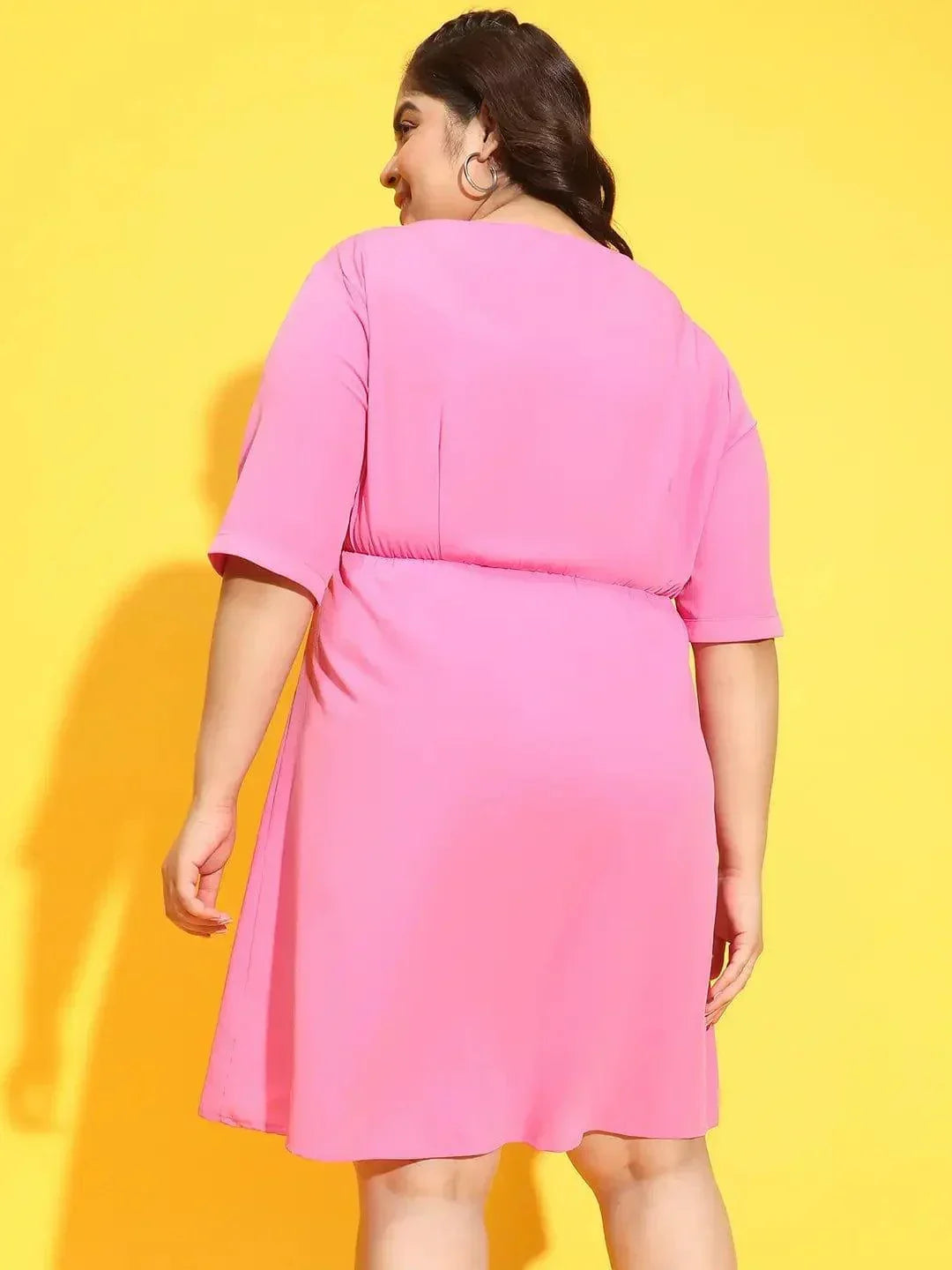 Sublime Pink Button Detailed Square Neck Plus Size Curvy Dress - oxolloxo