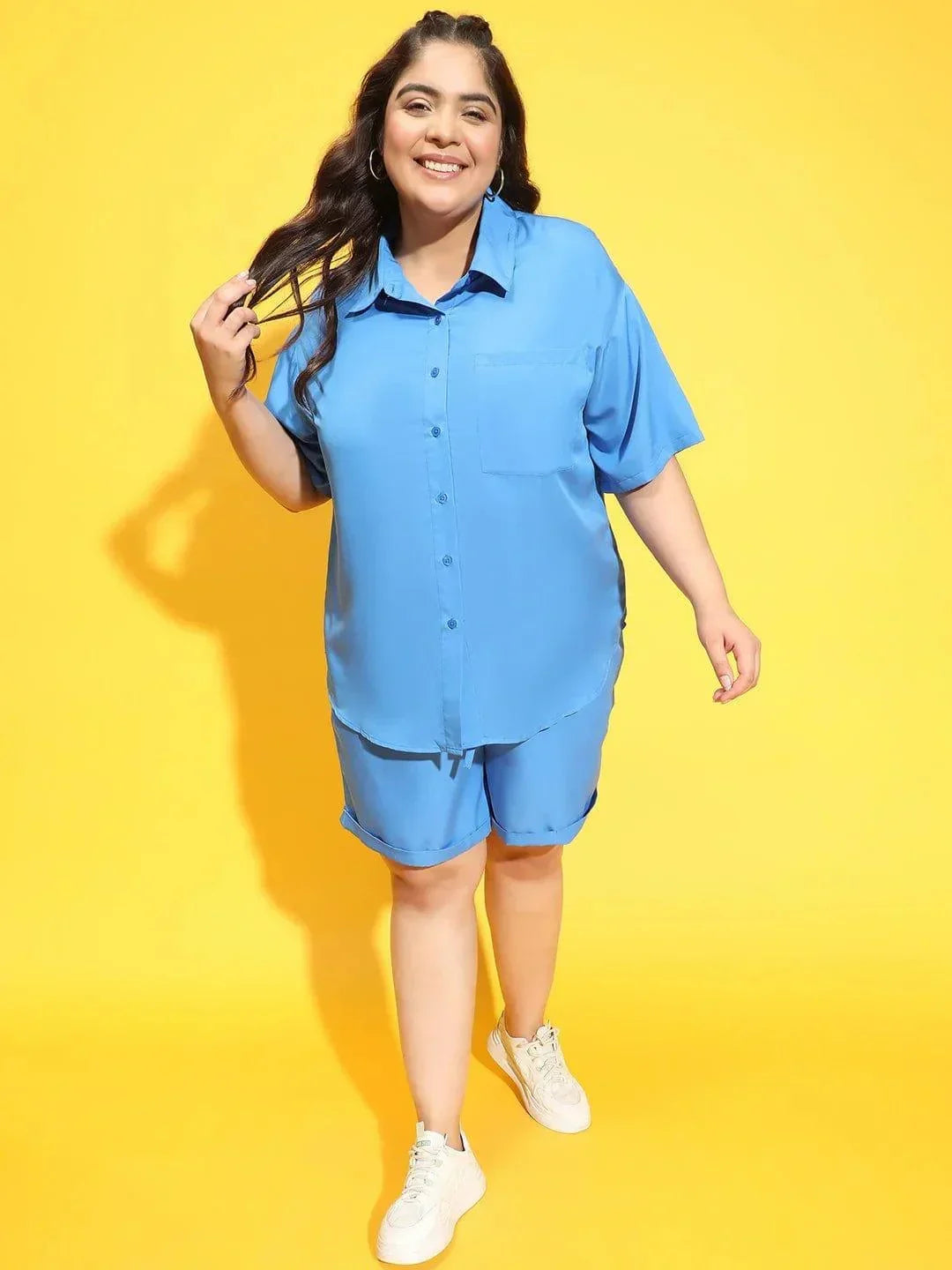 Horizon Blue Shirt and Shorts Plus Size Co-Ord Set - oxolloxo