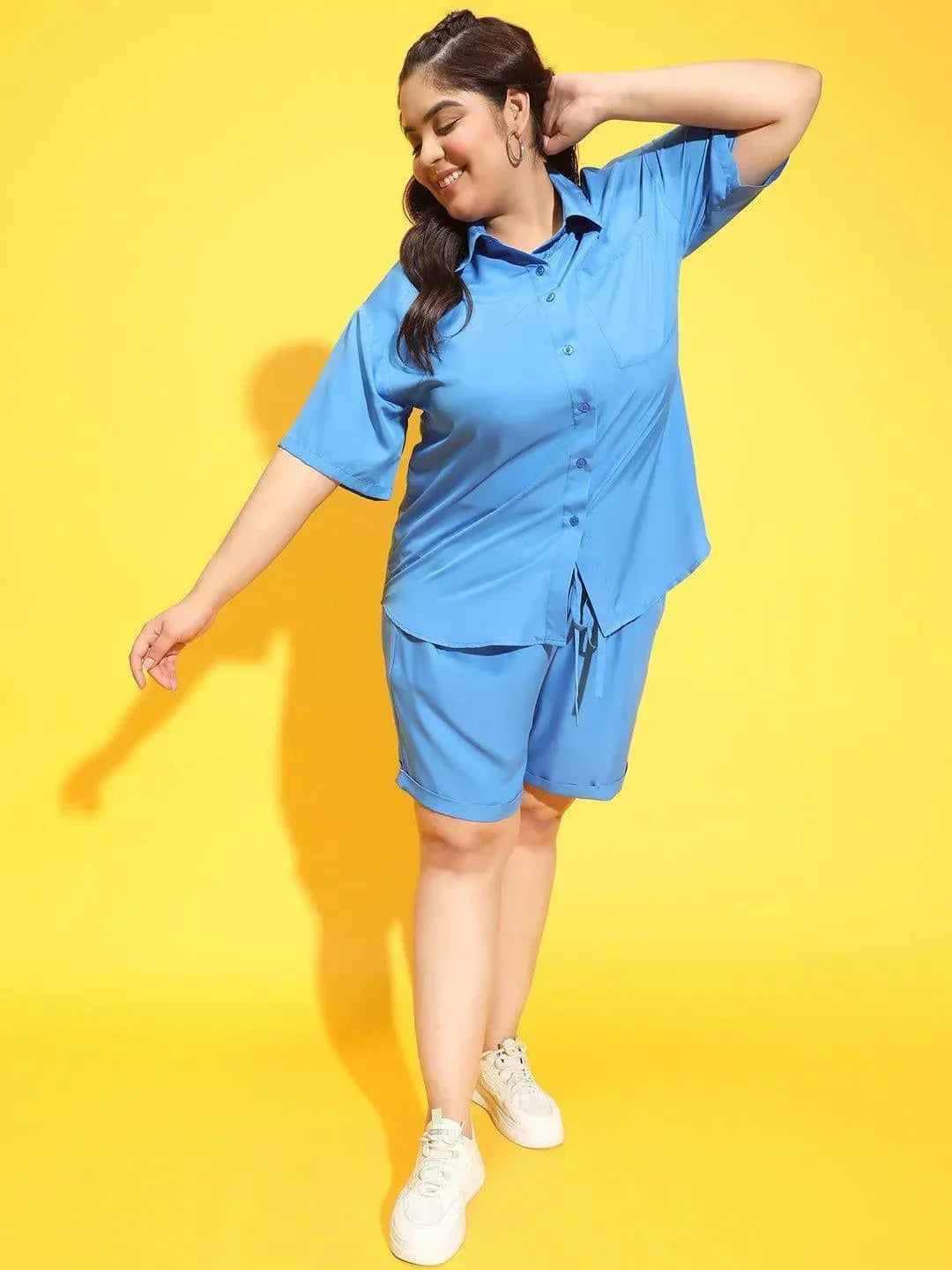 Horizon Blue Shirt and Shorts Plus Size Co-Ord Set - oxolloxo