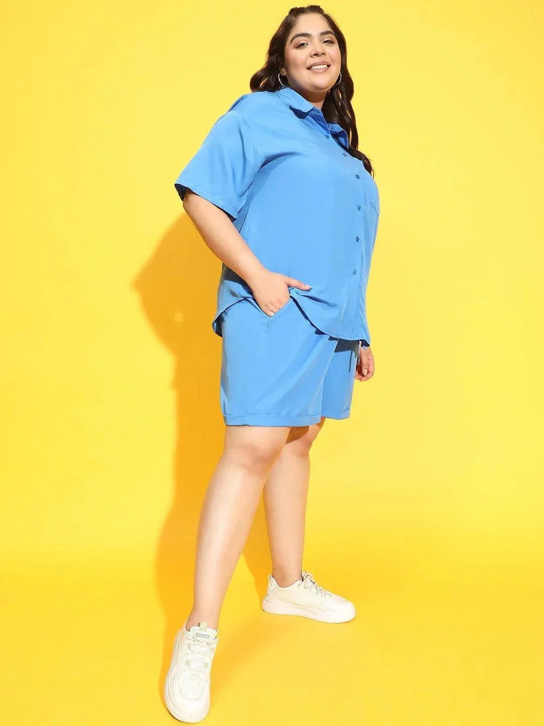 Horizon Blue Shirt and Shorts Plus Size Co-Ord Set - oxolloxo
