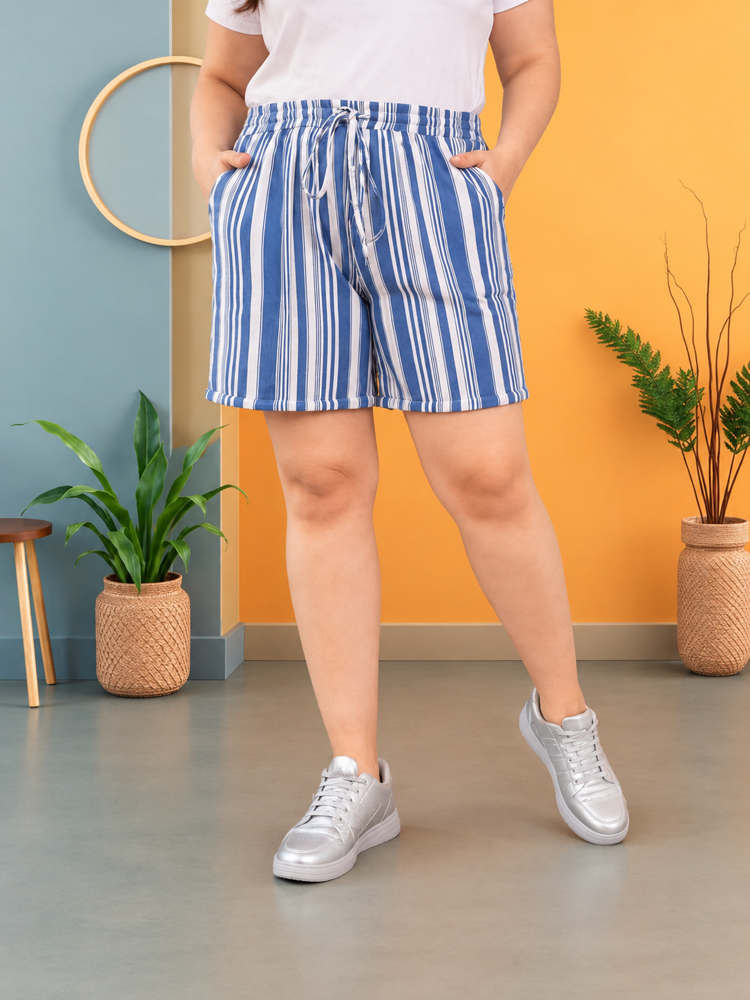 Plus Size Blue Stripe Viscose Short