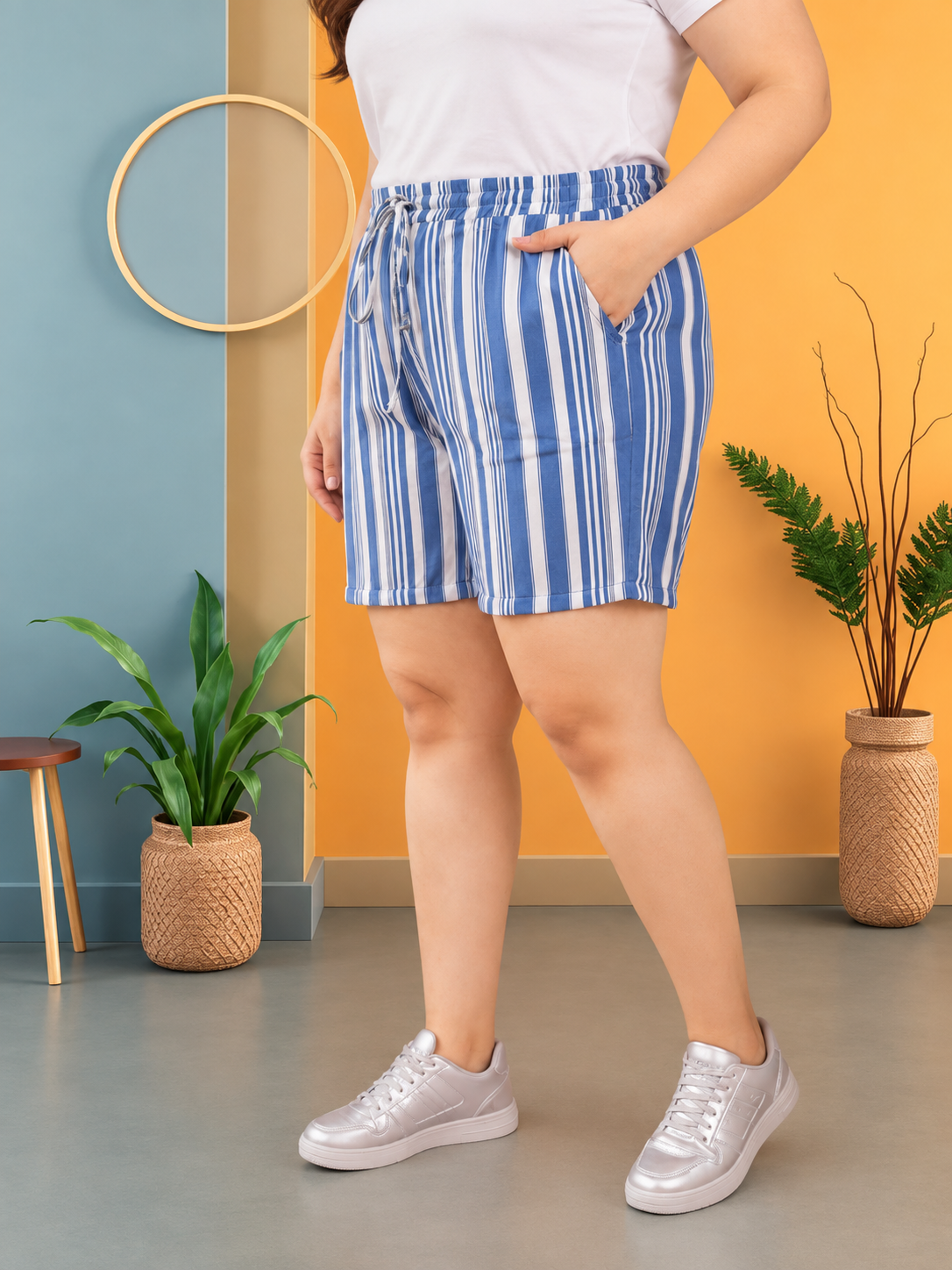 Plus Size Blue Stripe Viscose Short