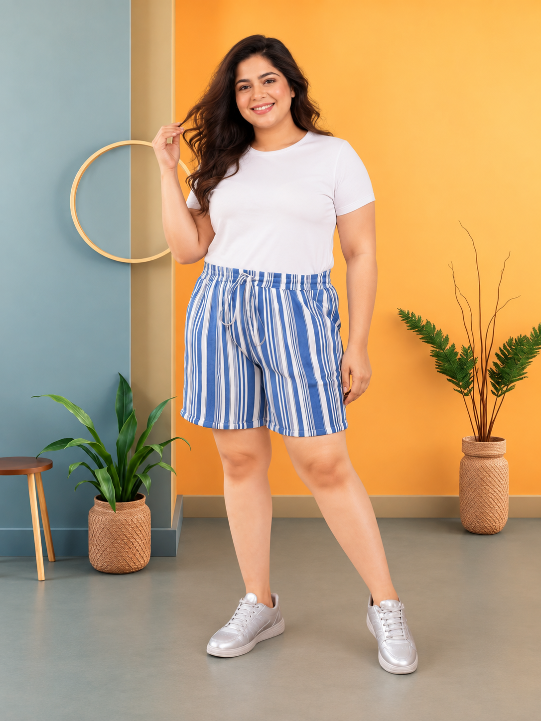 Plus Size Blue Stripe Viscose Short