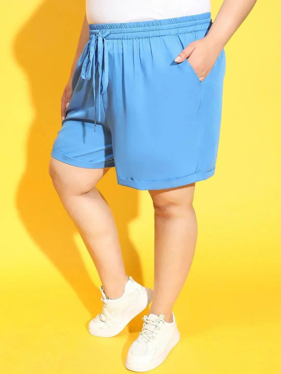Brand Blue Elasticated Tie Up Detailing Plus Size Shorts - oxolloxo
