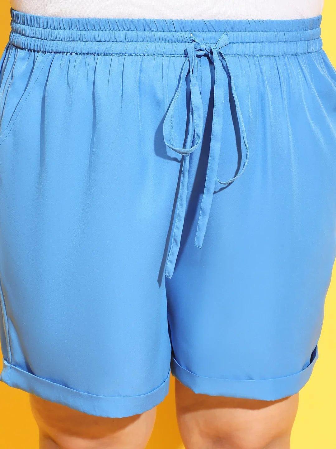 Brand Blue Elasticated Tie Up Detailing Plus Size Shorts - oxolloxo