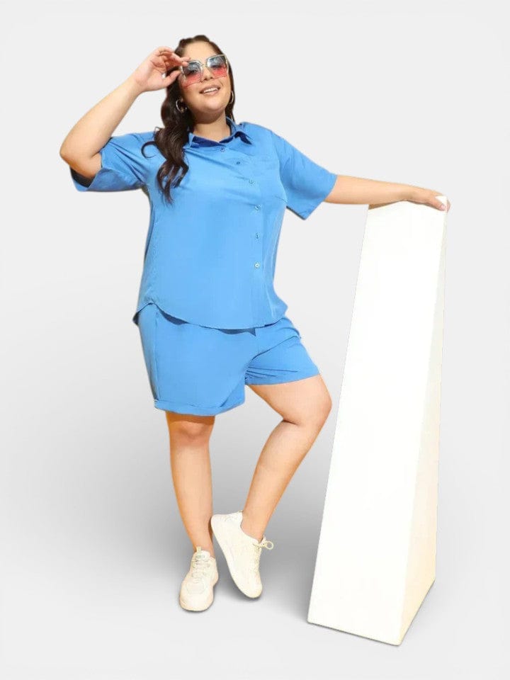 Plus Size Blue Polyester Short