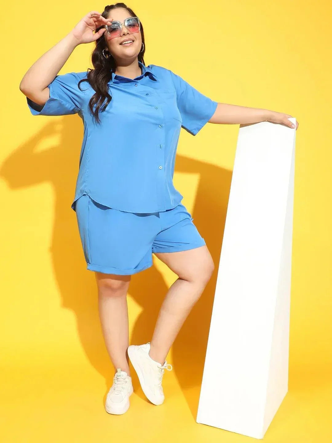 Brand Blue Elasticated Tie Up Detailing Plus Size Shorts - oxolloxo