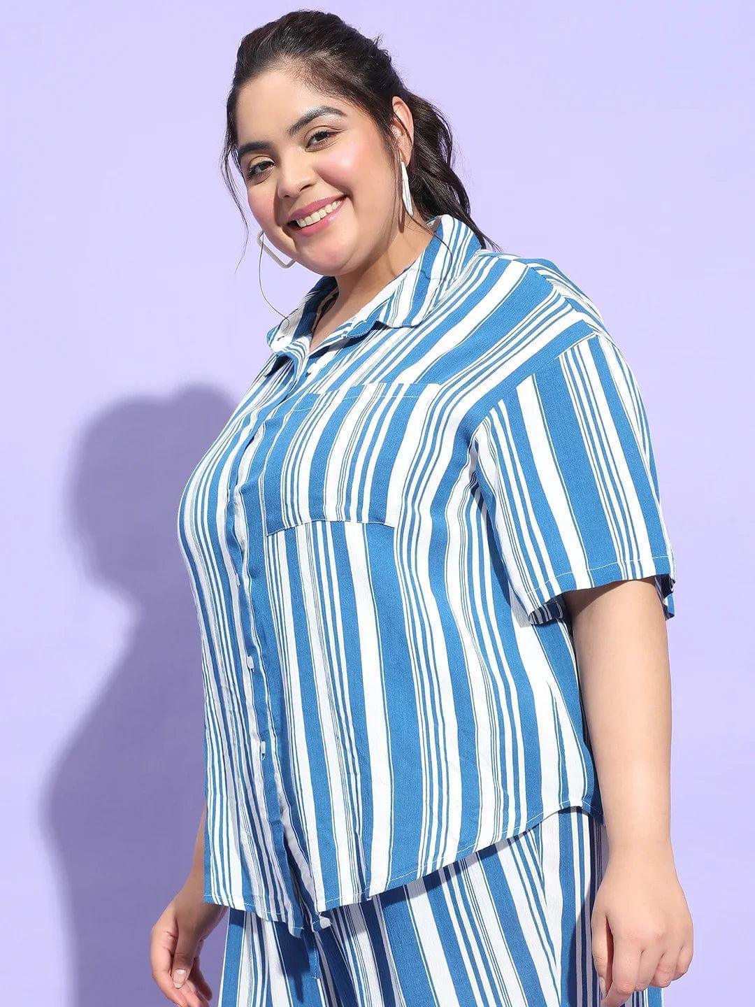 Typical Blue Stripe Print Button Down Plus Size Shirt - oxolloxo