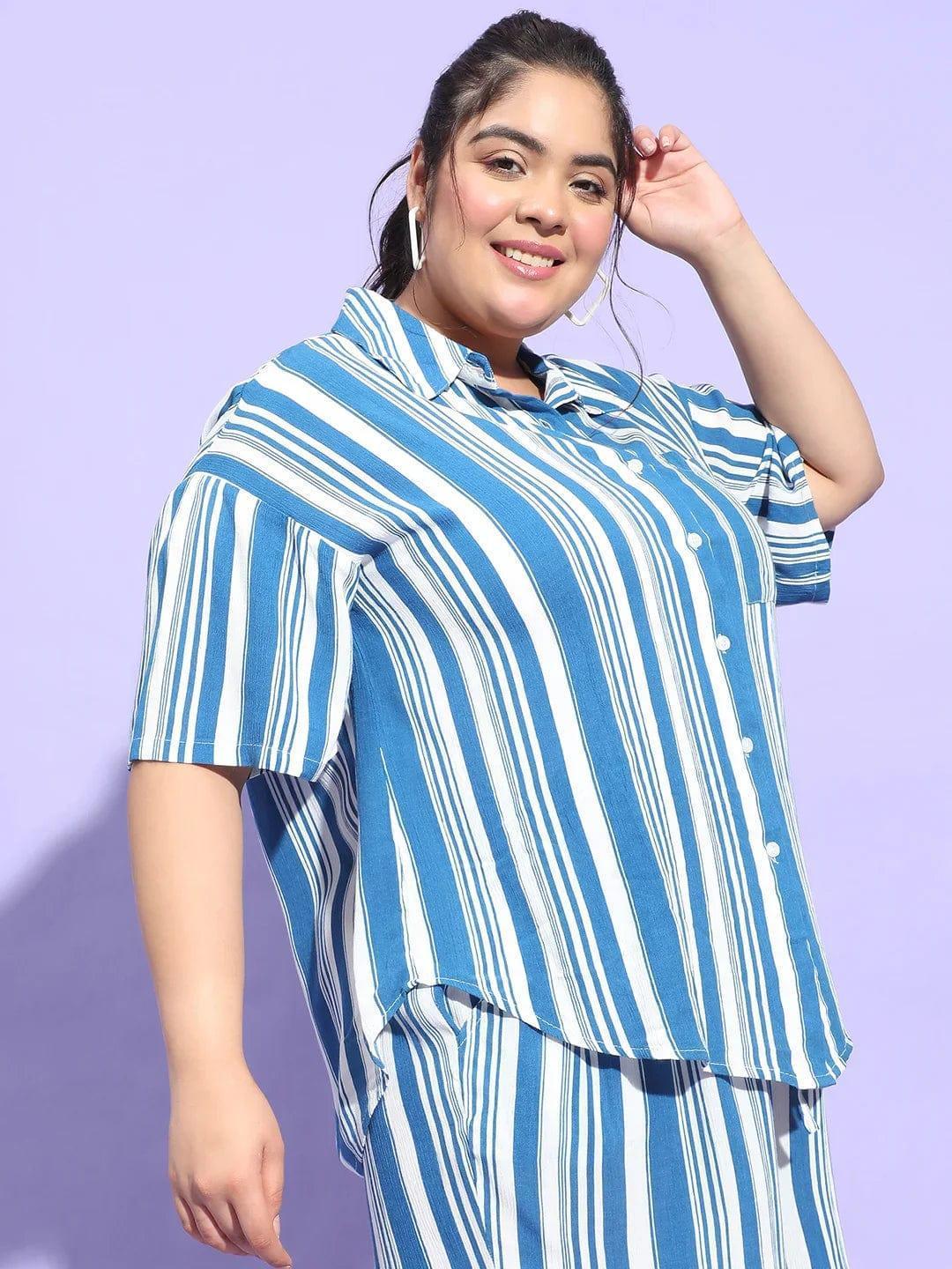 Typical Blue Stripe Print Button Down Plus Size Shirt - oxolloxo