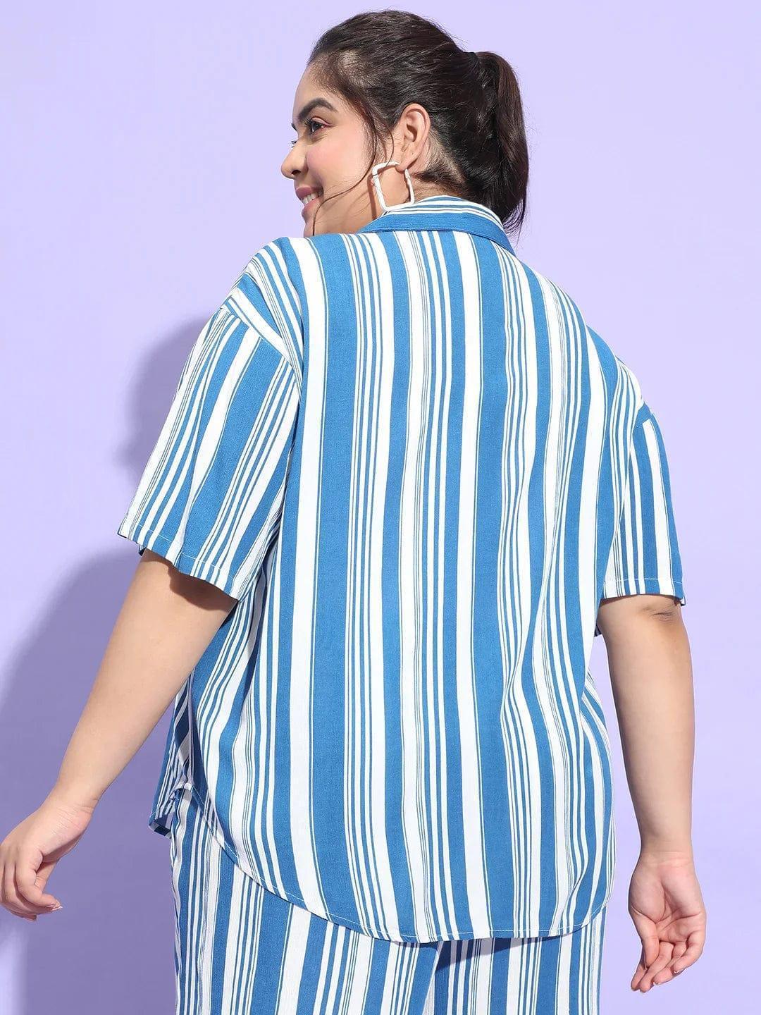 Typical Blue Stripe Print Button Down Plus Size Shirt - oxolloxo