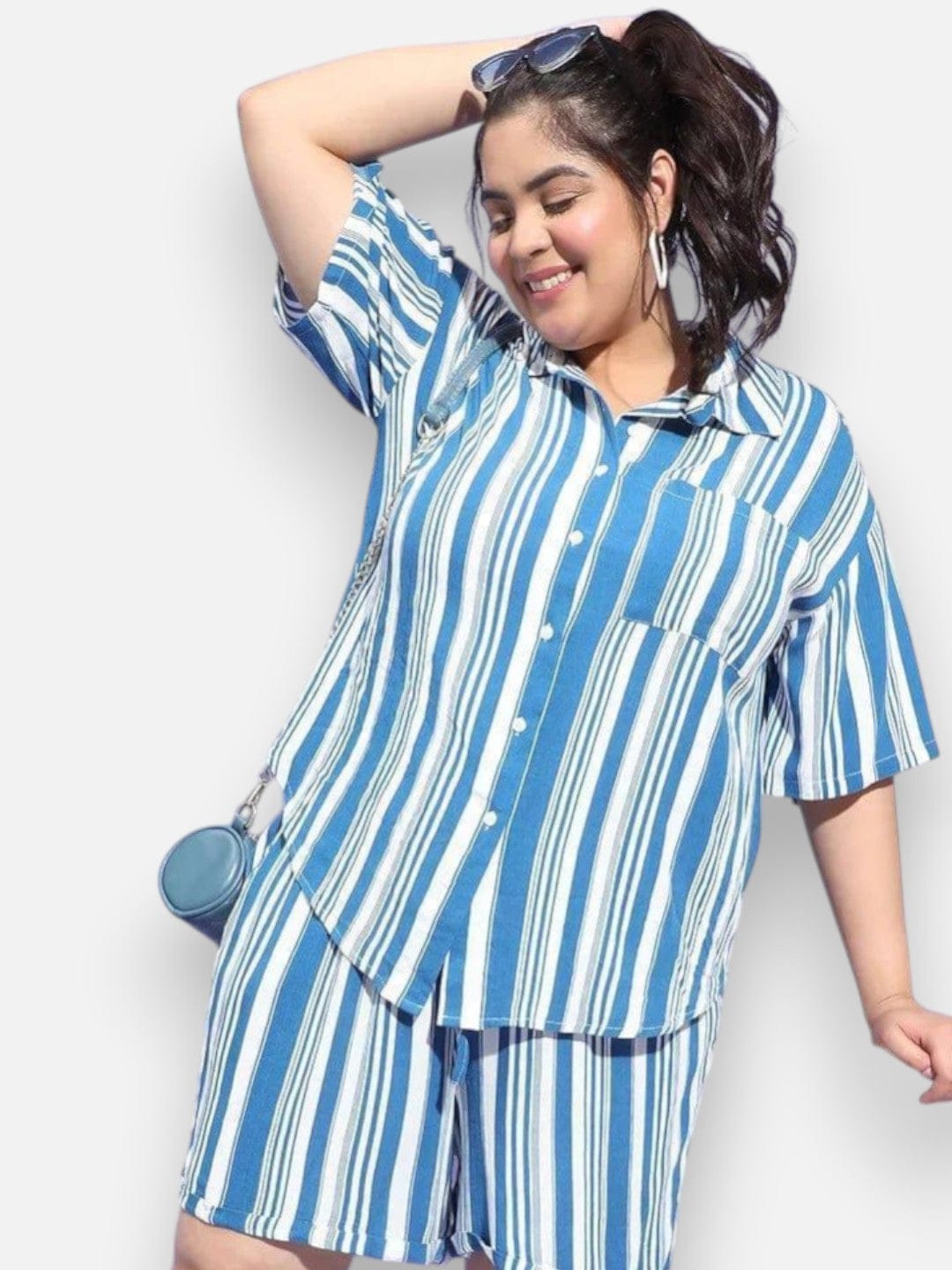 Plus Size Blue Stripe Print Viscose Shirt