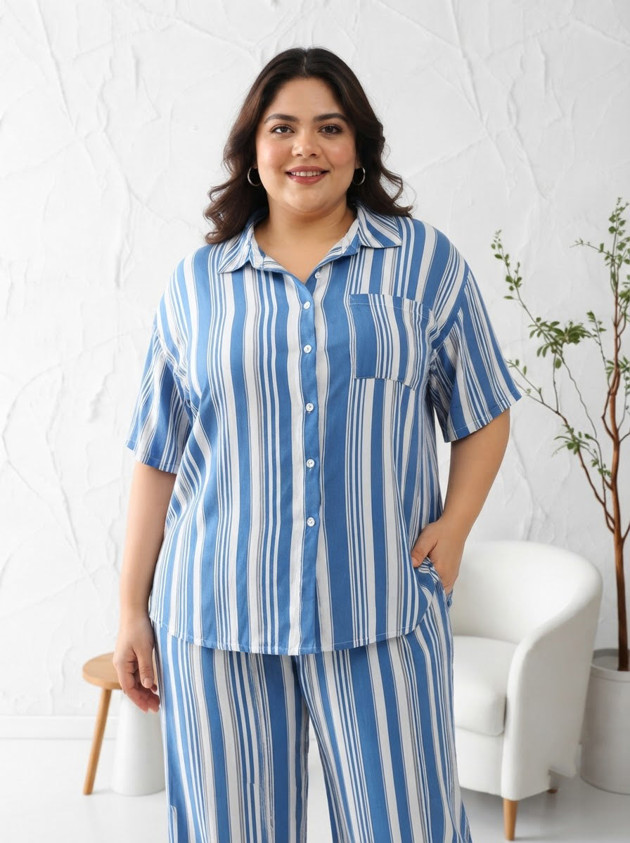 Plus Size Blue Stripe Print Viscose Shirt