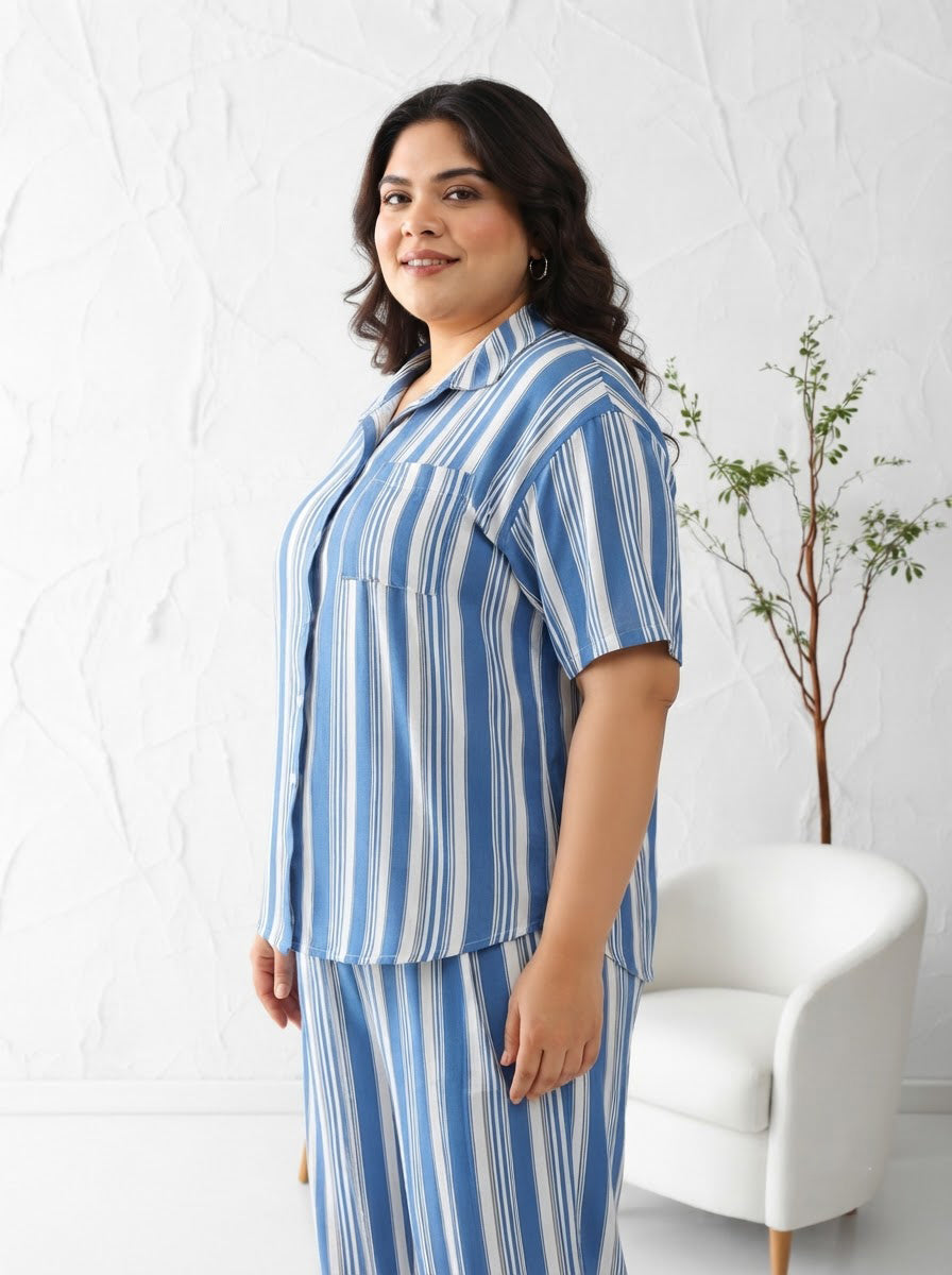 Plus Size Blue Stripe Print Viscose Shirt