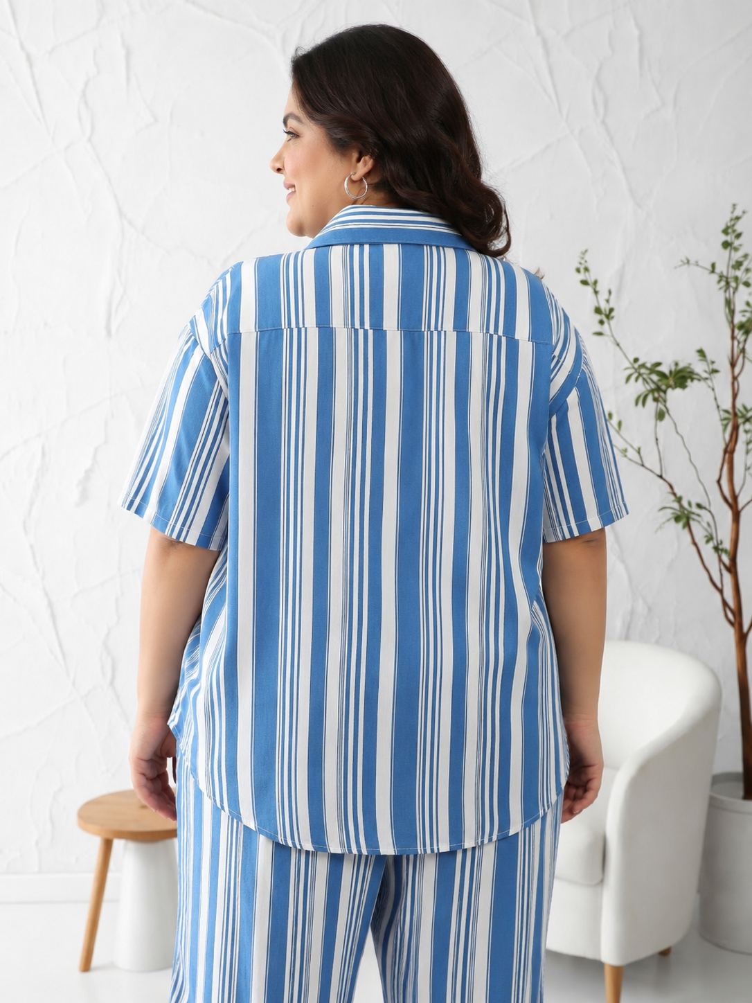 Plus Size Blue Stripe Print Viscose Shirt