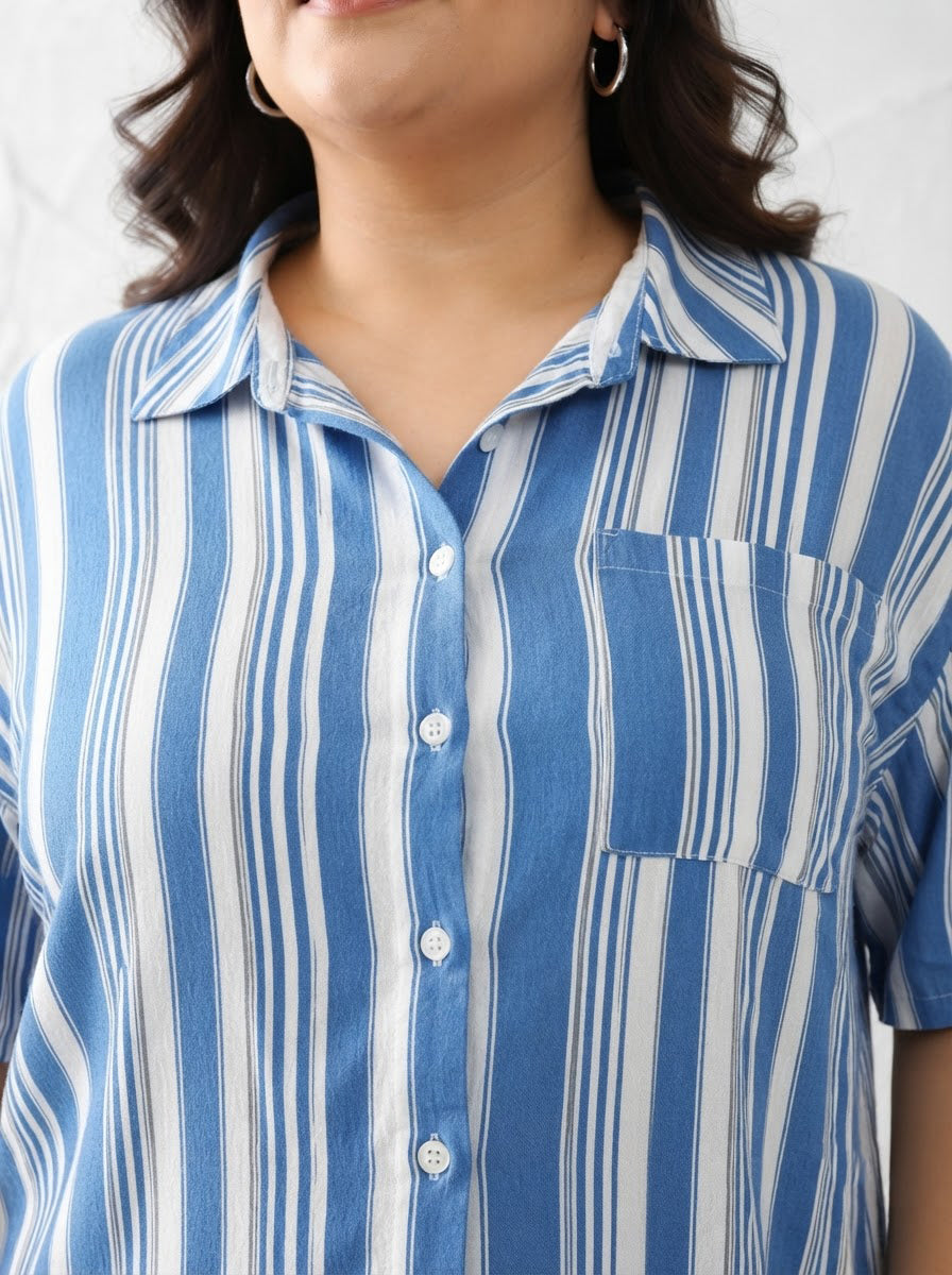 Plus Size Blue Stripe Print Viscose Shirt