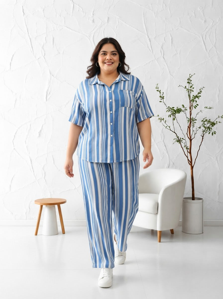 Plus Size Blue Stripe Print Viscose Shirt