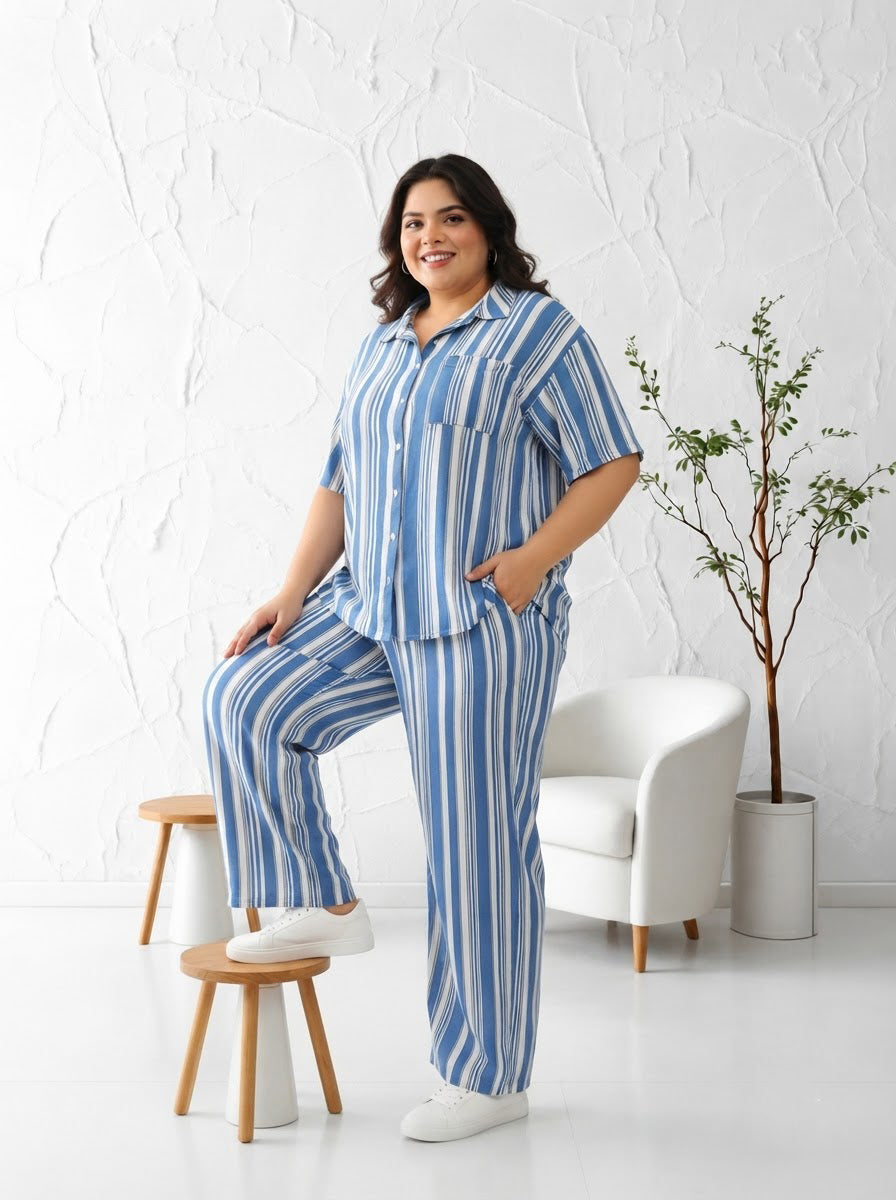 Plus Size Blue Stripe Print Viscose Shirt