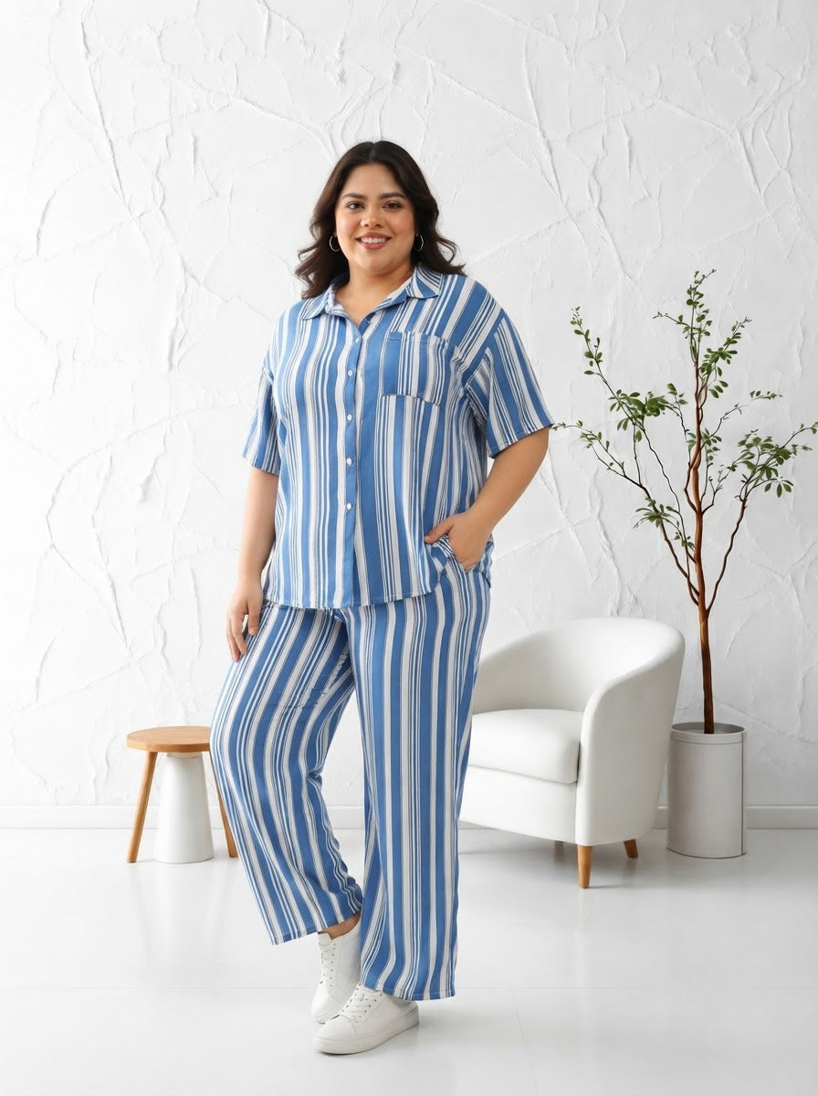 Plus Size Blue Stripe Print Viscose Shirt