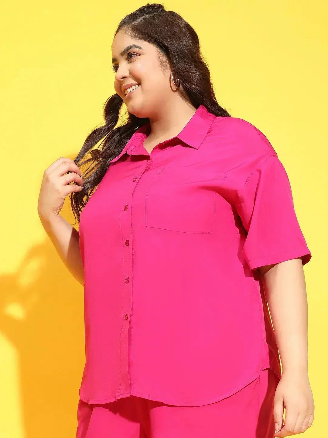 Exotic Pink Button Down Short Sleeve Plus Size Shirt - oxolloxo