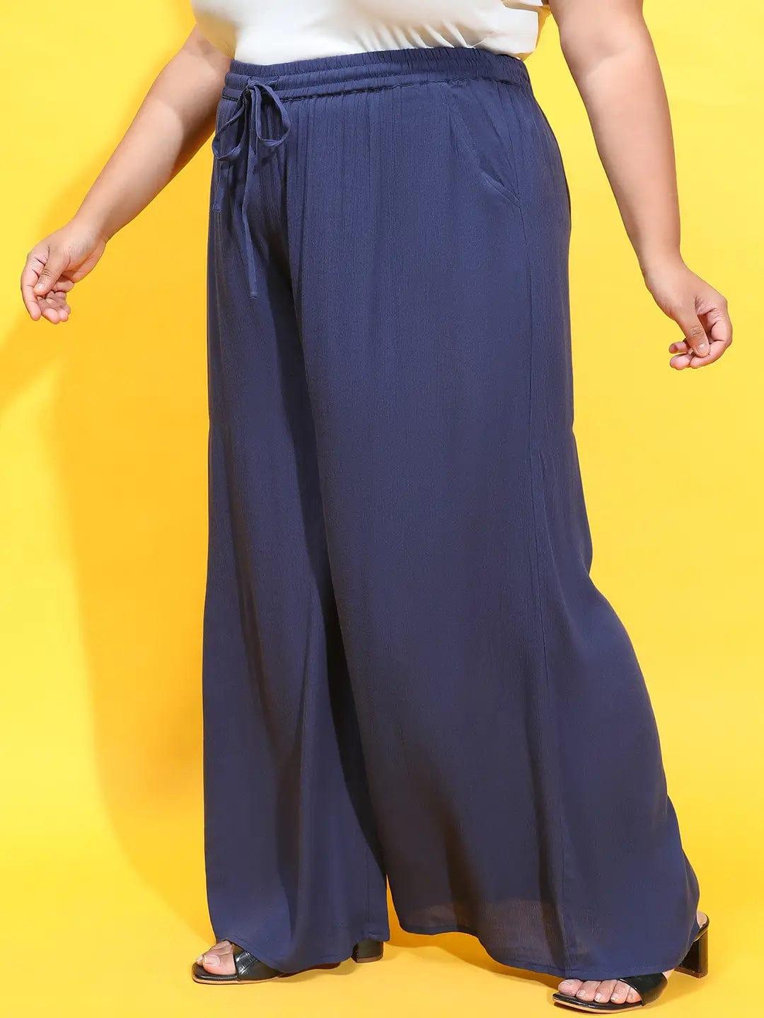 Plus size navy blue viscose pants with tie-knot waist, photo 2