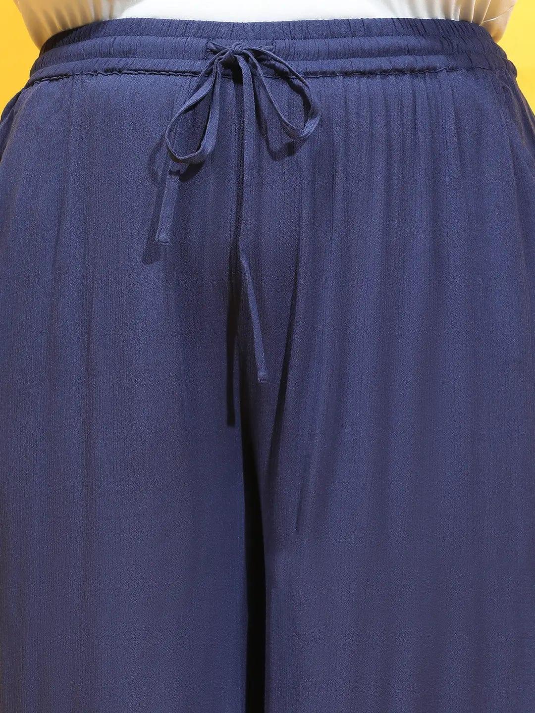 Plus size navy blue viscose pants with tie-knot waist, photo 5