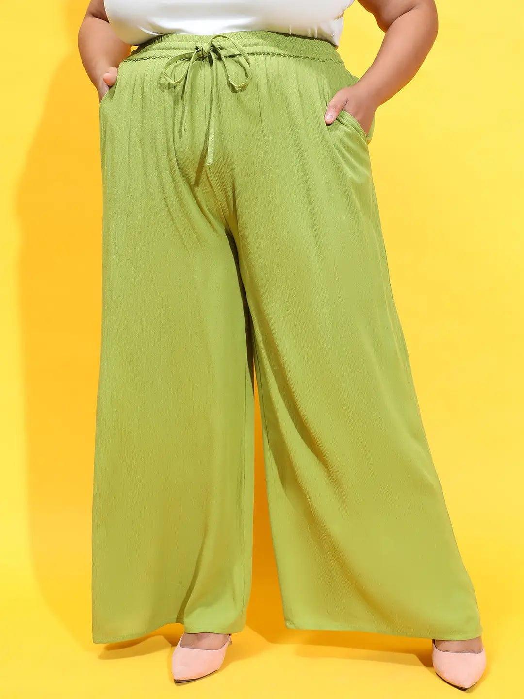 Plus size green viscose pants with tie-knot waist