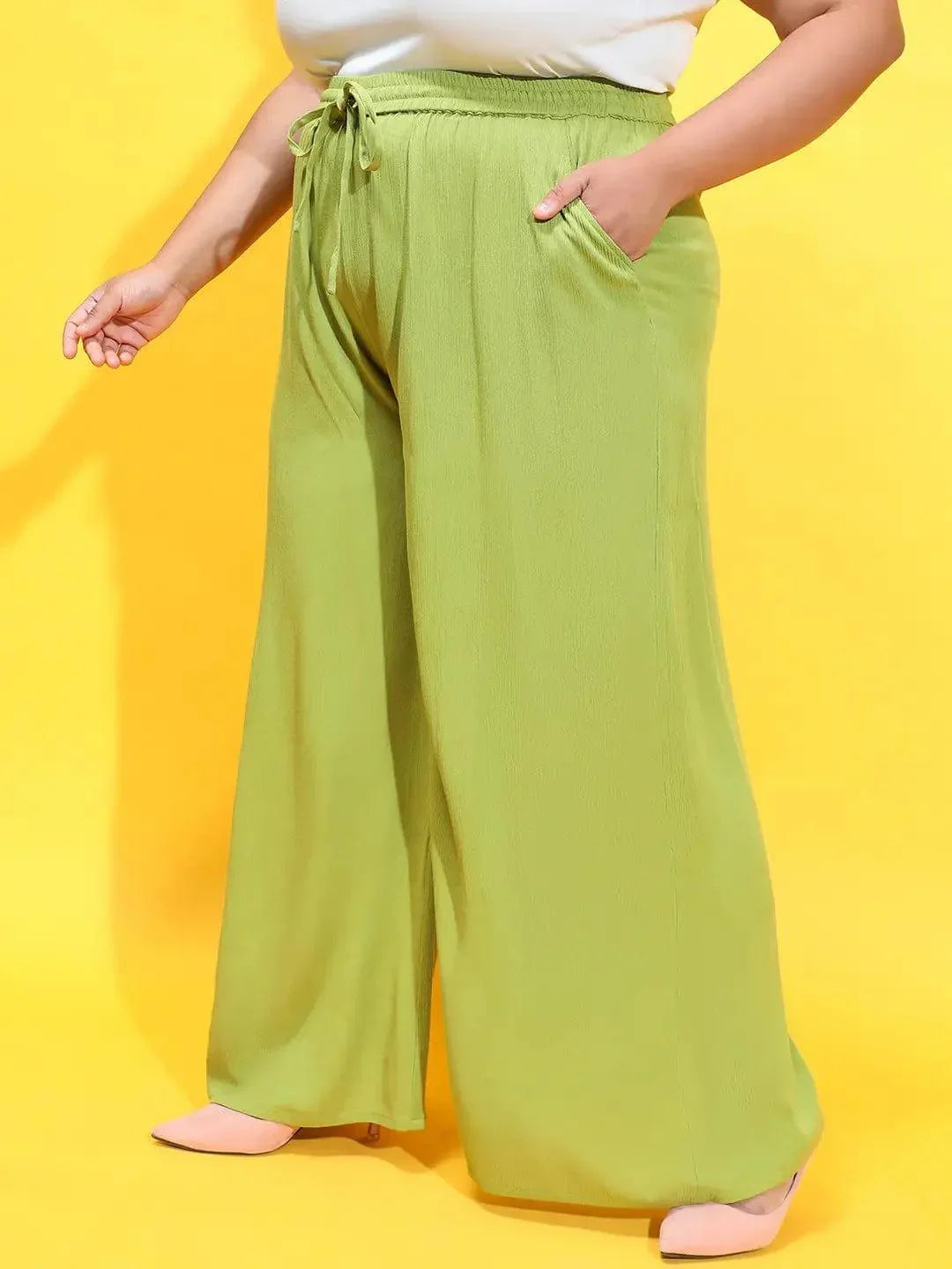 Plus size green viscose pants with tie-knot waist, photo 2