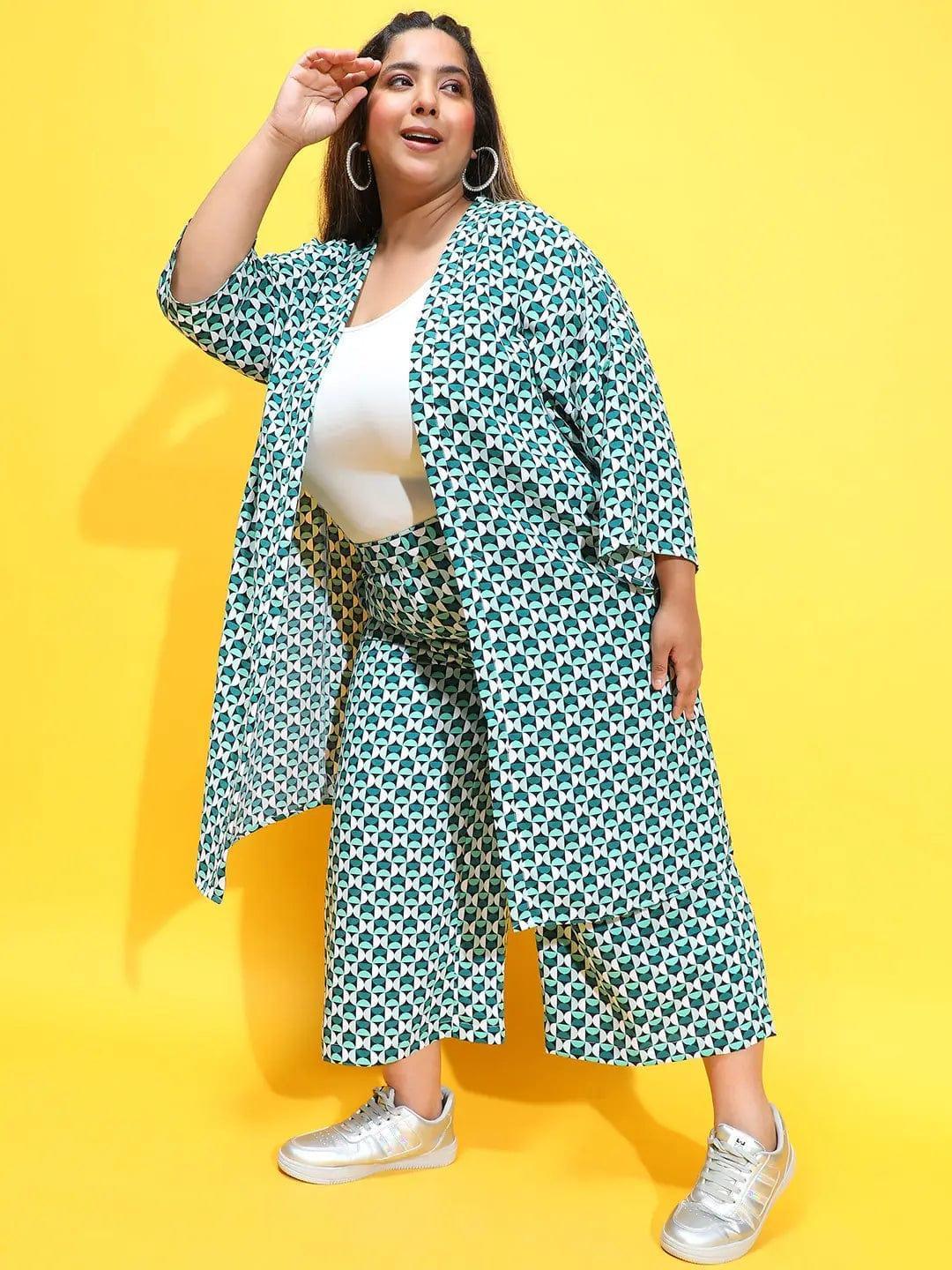 Multicolor Printed Shrug Culottes Plus Size Co-Ord Set - oxolloxo