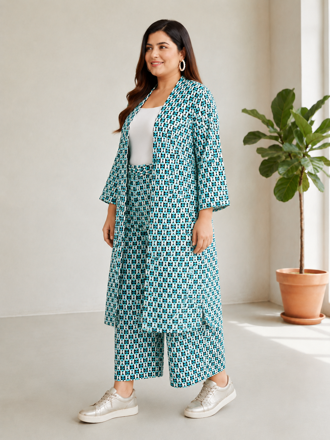 multicolor printed open shrug and culottes plus size co ord set