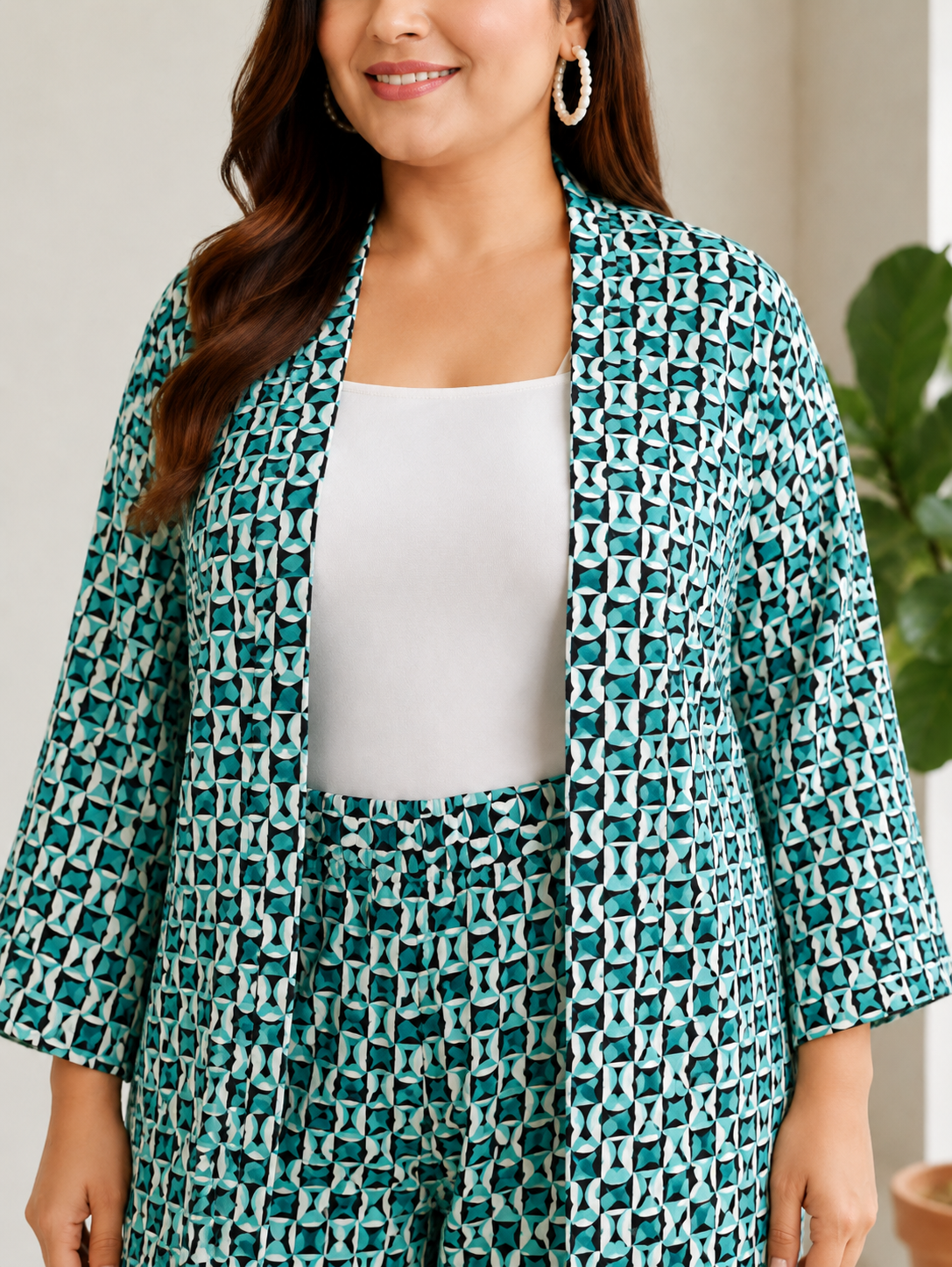 multicolor printed open shrug and culottes plus size co ord set