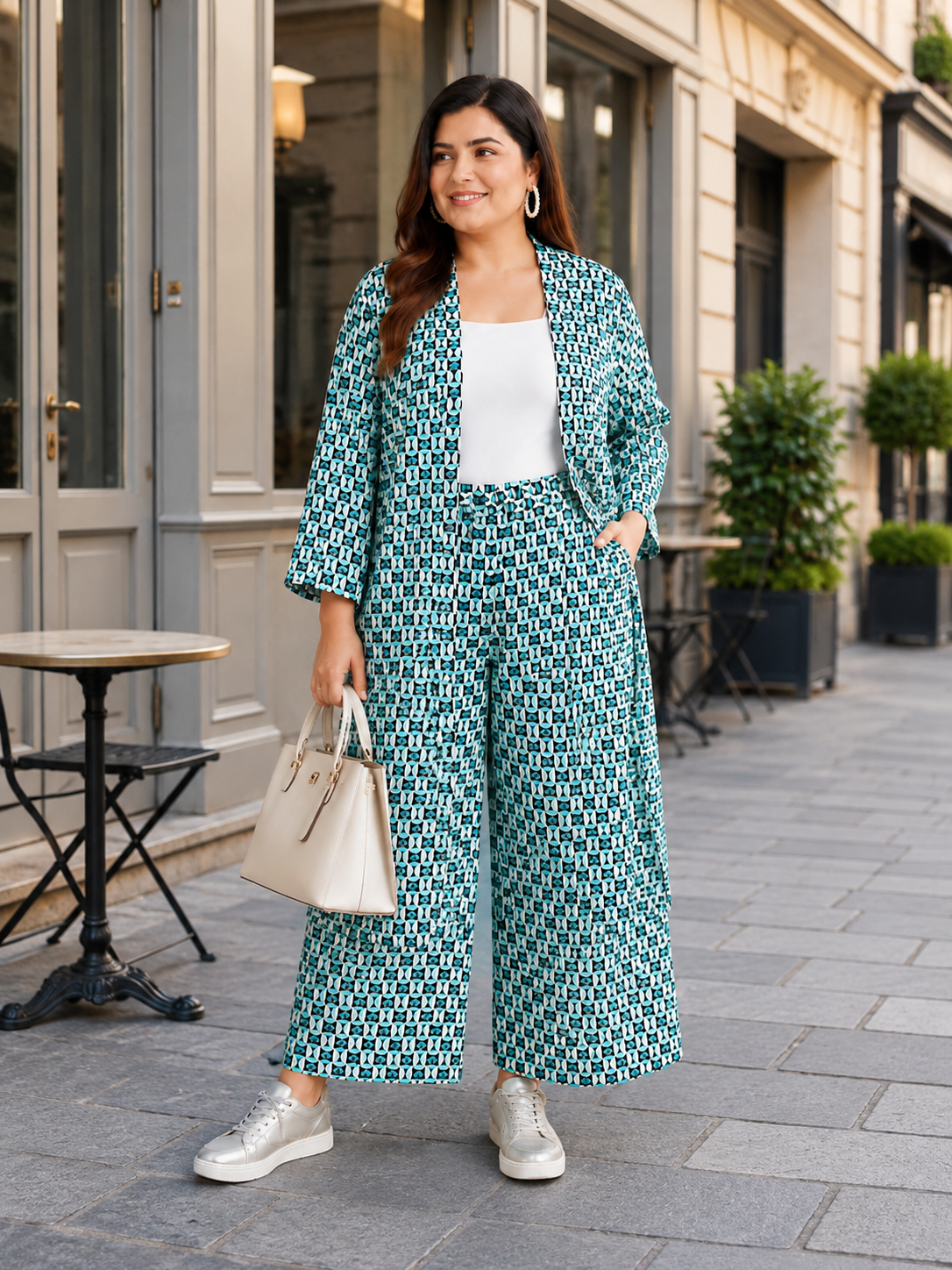 multicolor printed open shrug and culottes plus size co ord set