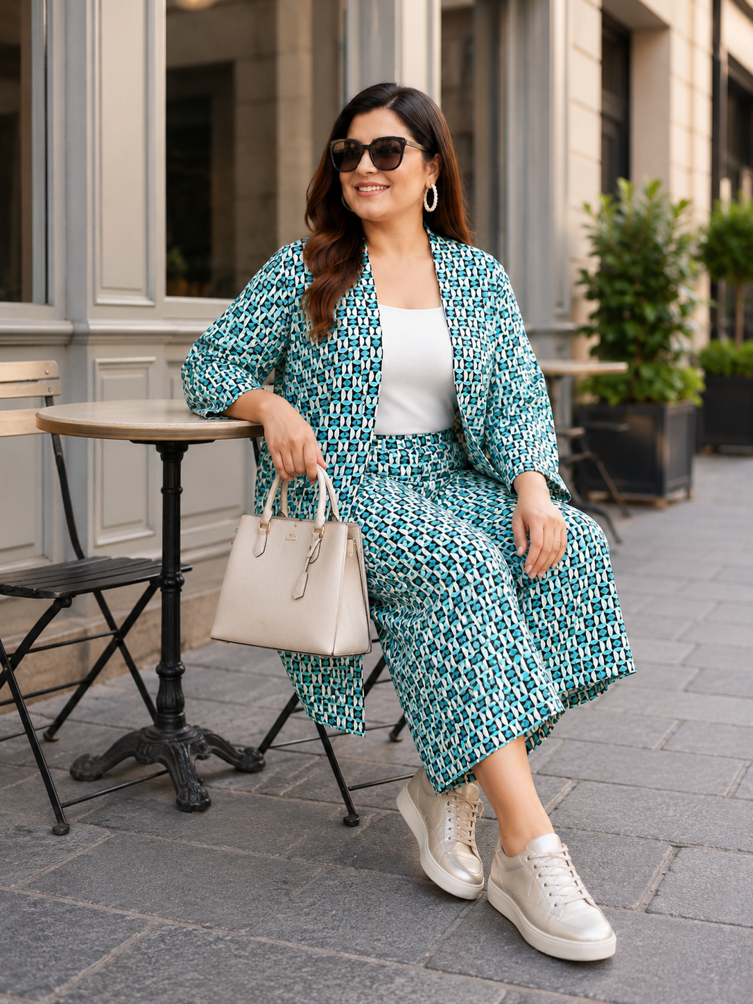 multicolor printed open shrug and culottes plus size co ord set