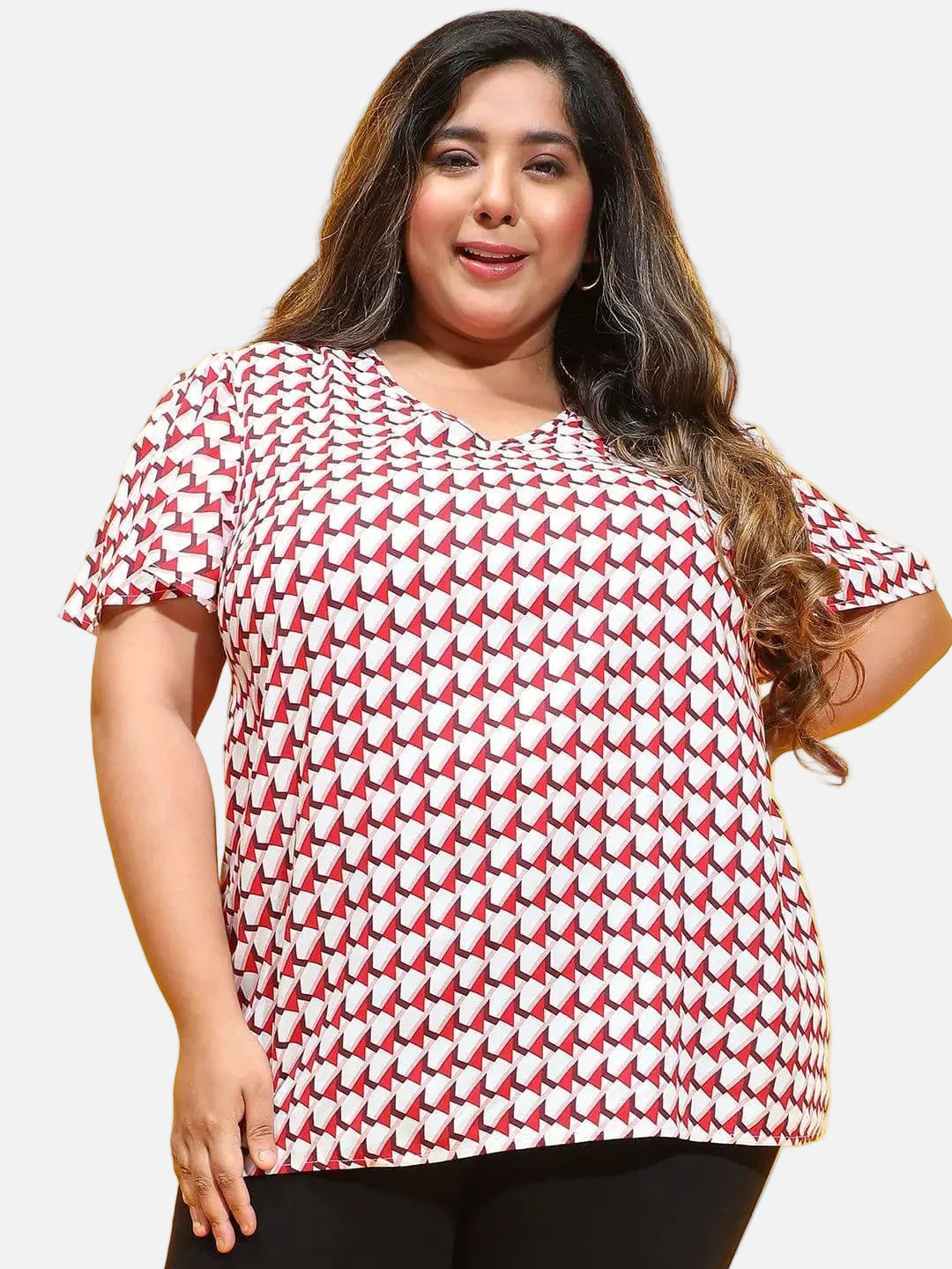 Gloss Red Check Print Short Sleeve Plus Size Loopy Top - oxolloxo